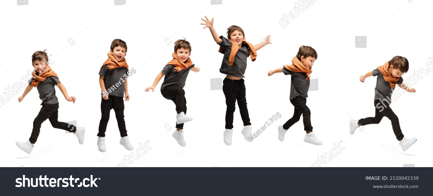 Looks delighted, joyful. Collage with images of little cute kid, happy boy jumping, running isolated on white studio background. Education, emotions, facial expression and childhood concept. #2120042339