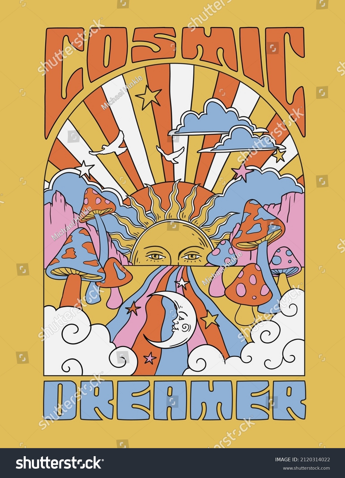 Retro 60’s Cosmic Dreamer Psychedelic Hippy Mushroom Sunshine and Rainbows Illustration Print. #2120314022