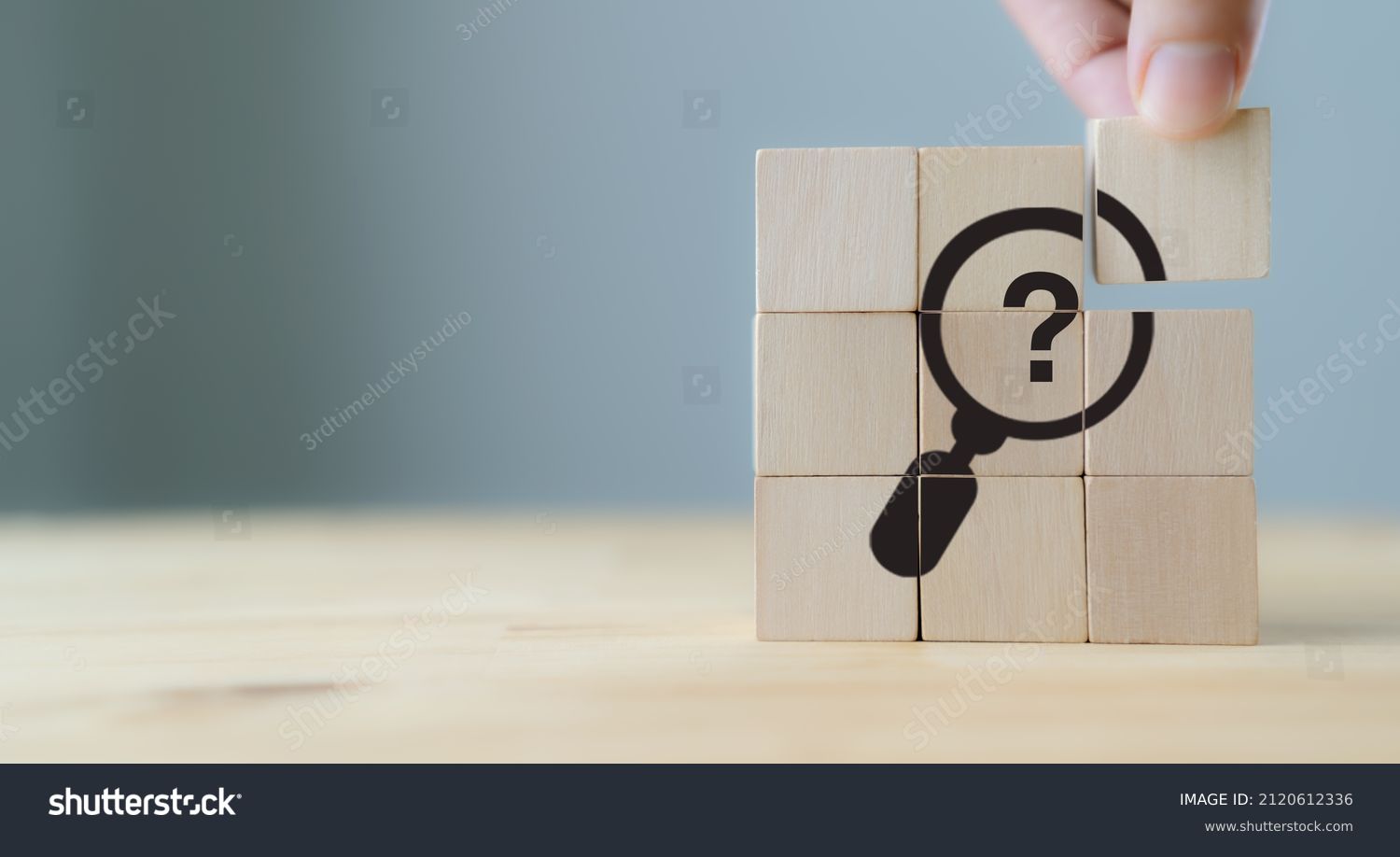 Problems and root cause analysis concept. Define problems to find solution. The wooden cubes with illustration magnifying glass to analyze question mark sign on grey background and copy space. #2120612336