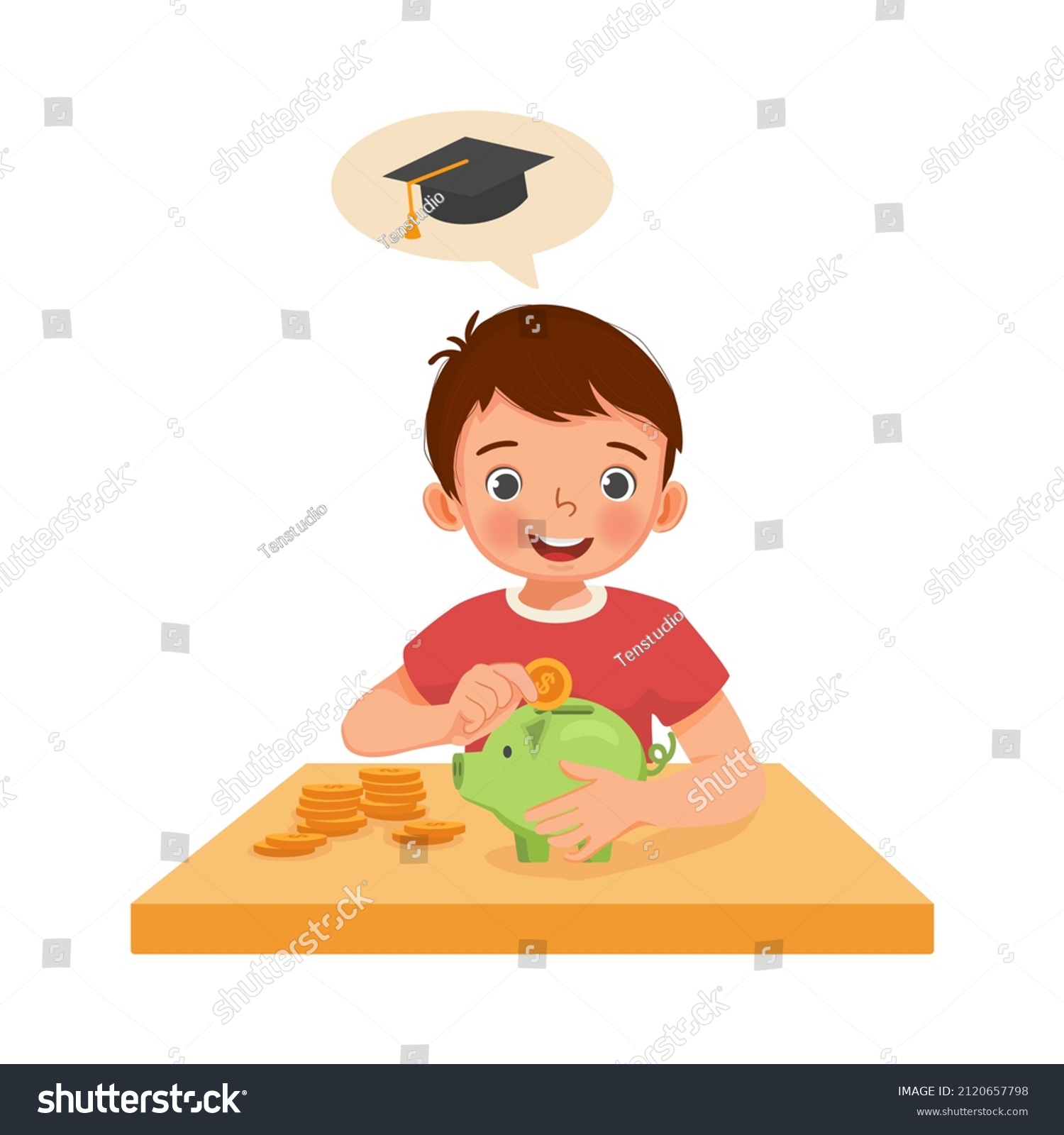 Cute little boy putting coins into a piggy bank - Royalty Free Stock ...