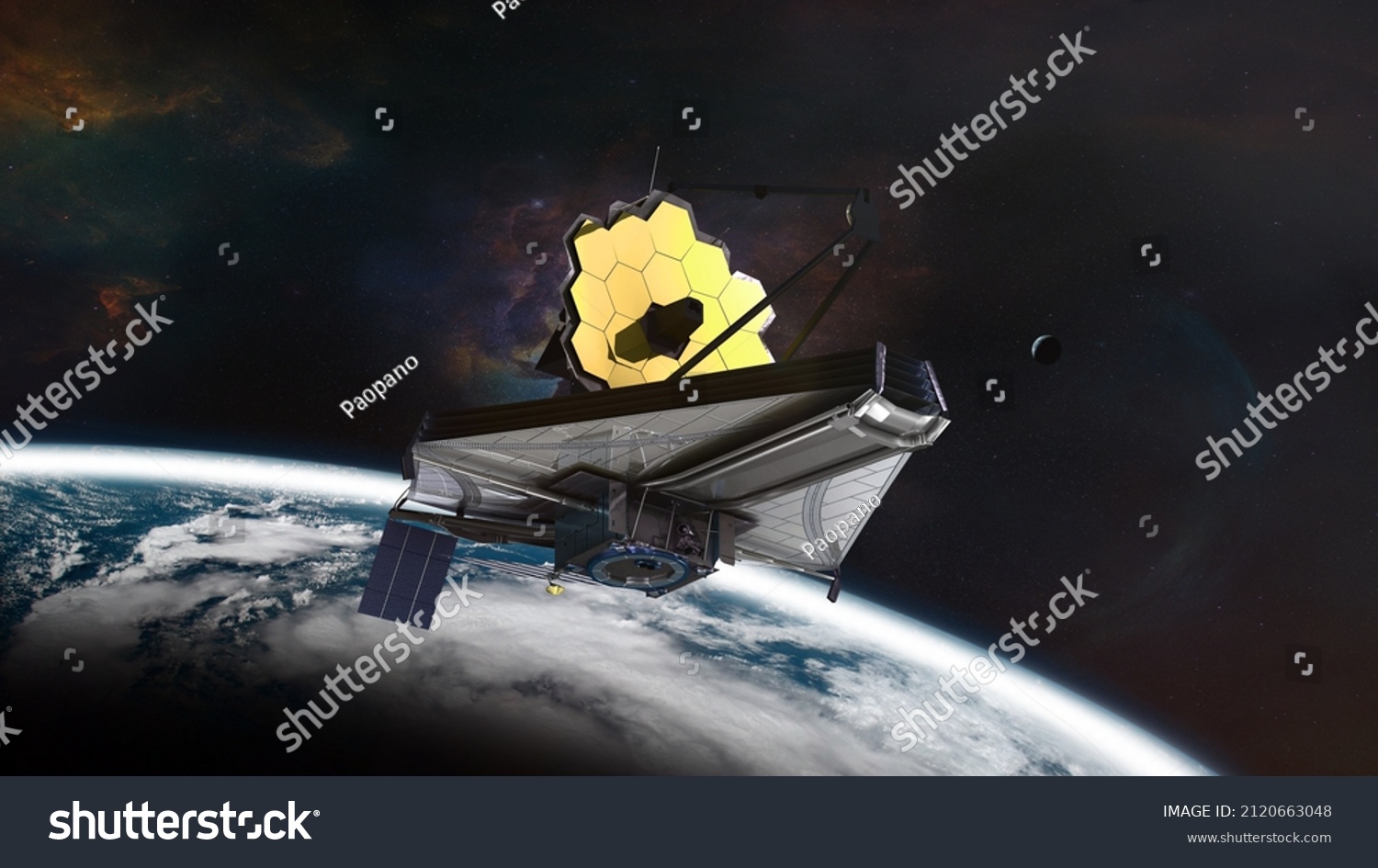 The James Webb telescope take-off from Earth planet. Elements of this image furnished by NASA.  #2120663048