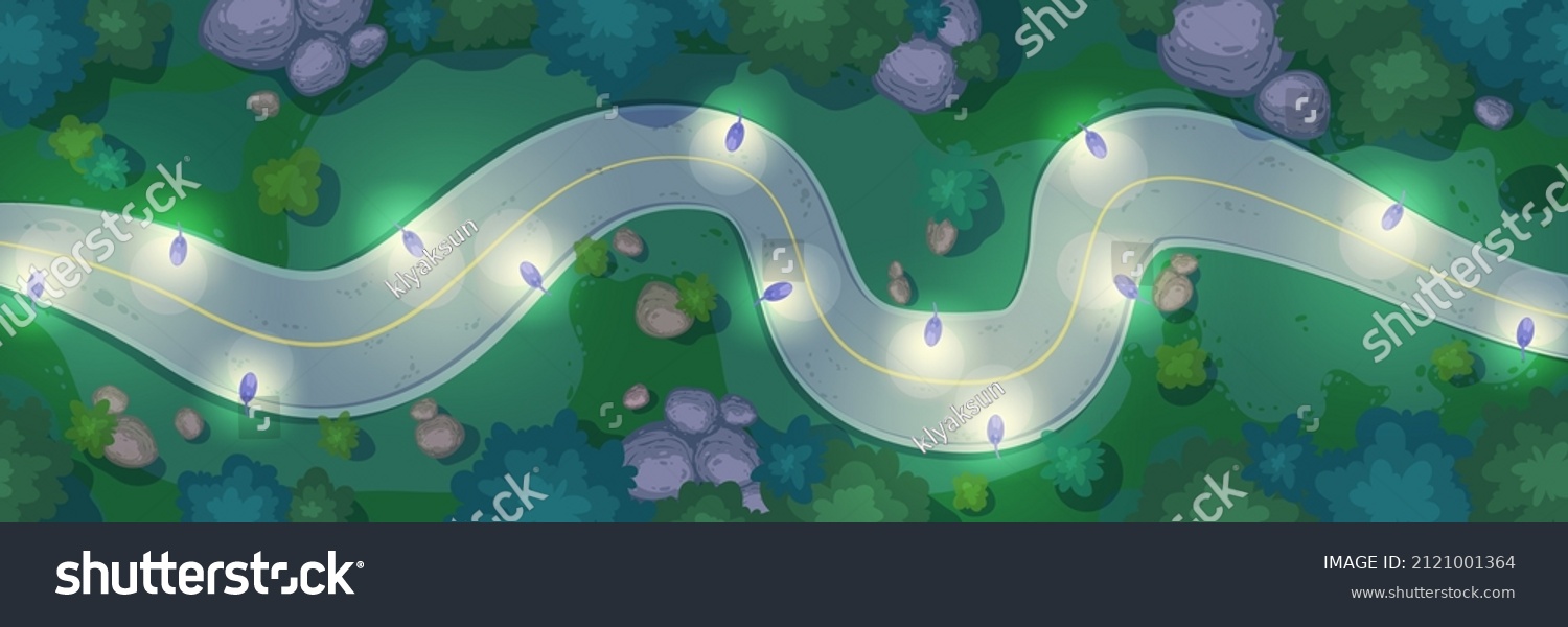 Top view of winding car road, street lights, trees and bushes at night. Vector cartoon illustration of aerial view of summer landscape with curve asphalt highway, lanterns, green grass and stones #2121001364