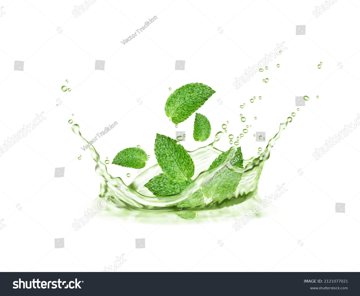 Crown herbal tea splash with mint leaves and water wave, menthol peppermint, matcha tea drink. Vector design of organic drink with green water corona, leaves and splatters. 3d ads of natural beverage #2121077021