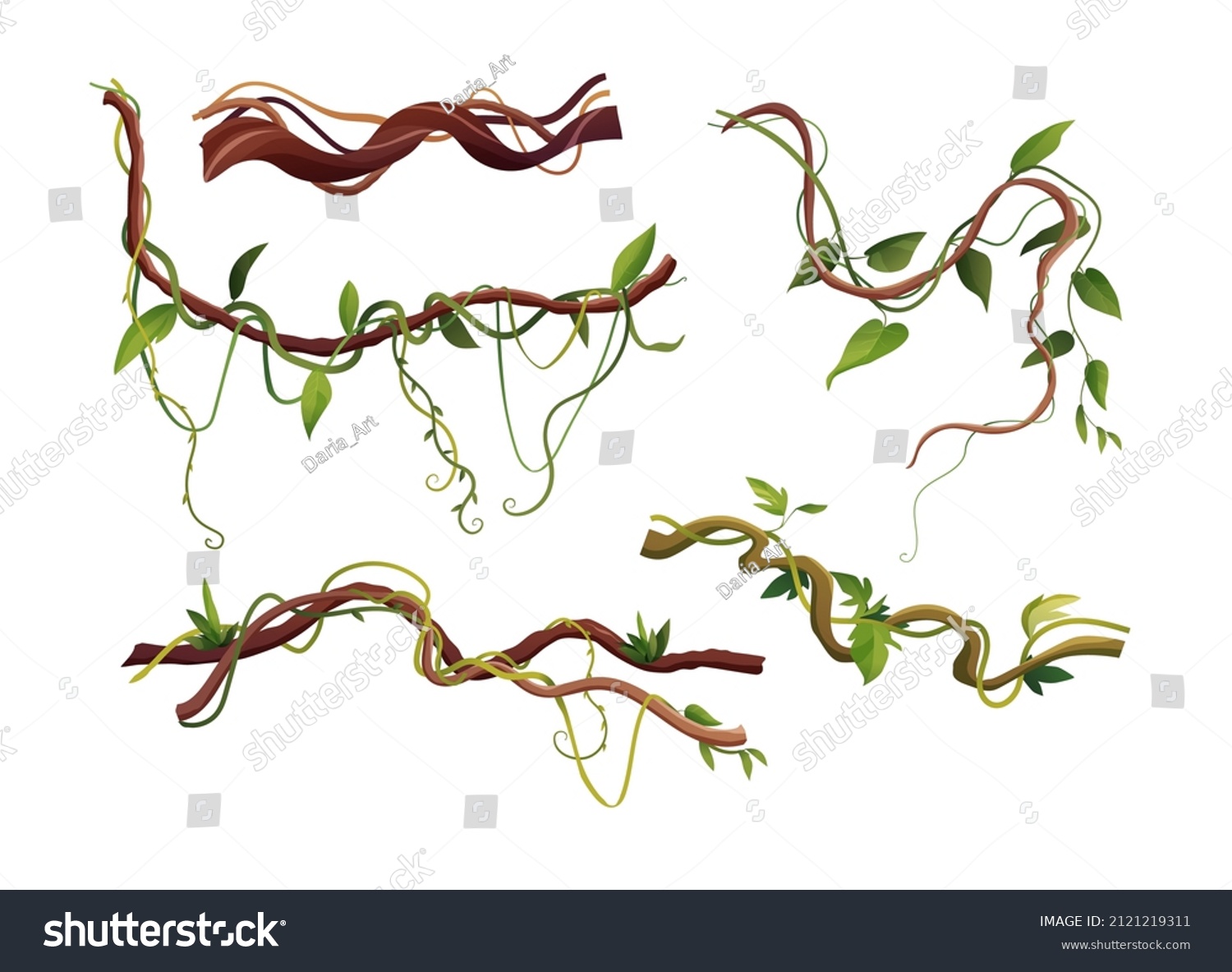 Liana or vine winding branches cartoon vector illustration. Jungle tropical climbing plants. #2121219311