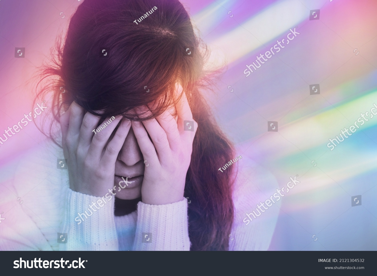 Migraine aura - Portrait of young woman suffering from headache, epilepsy or other problem #2121304532