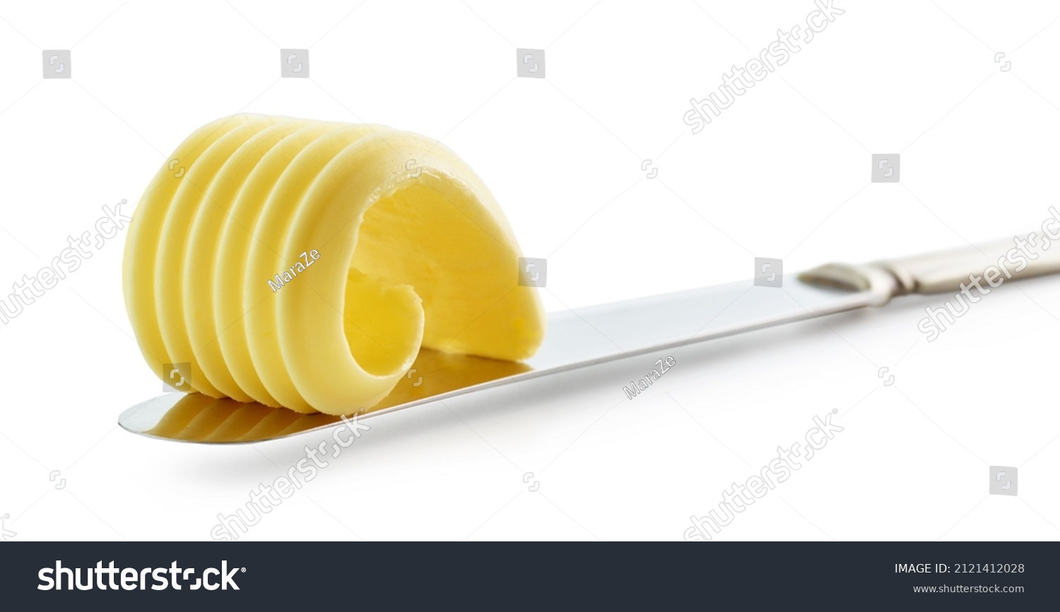 curl of fresh butter on a knife isolated on white background #2121412028