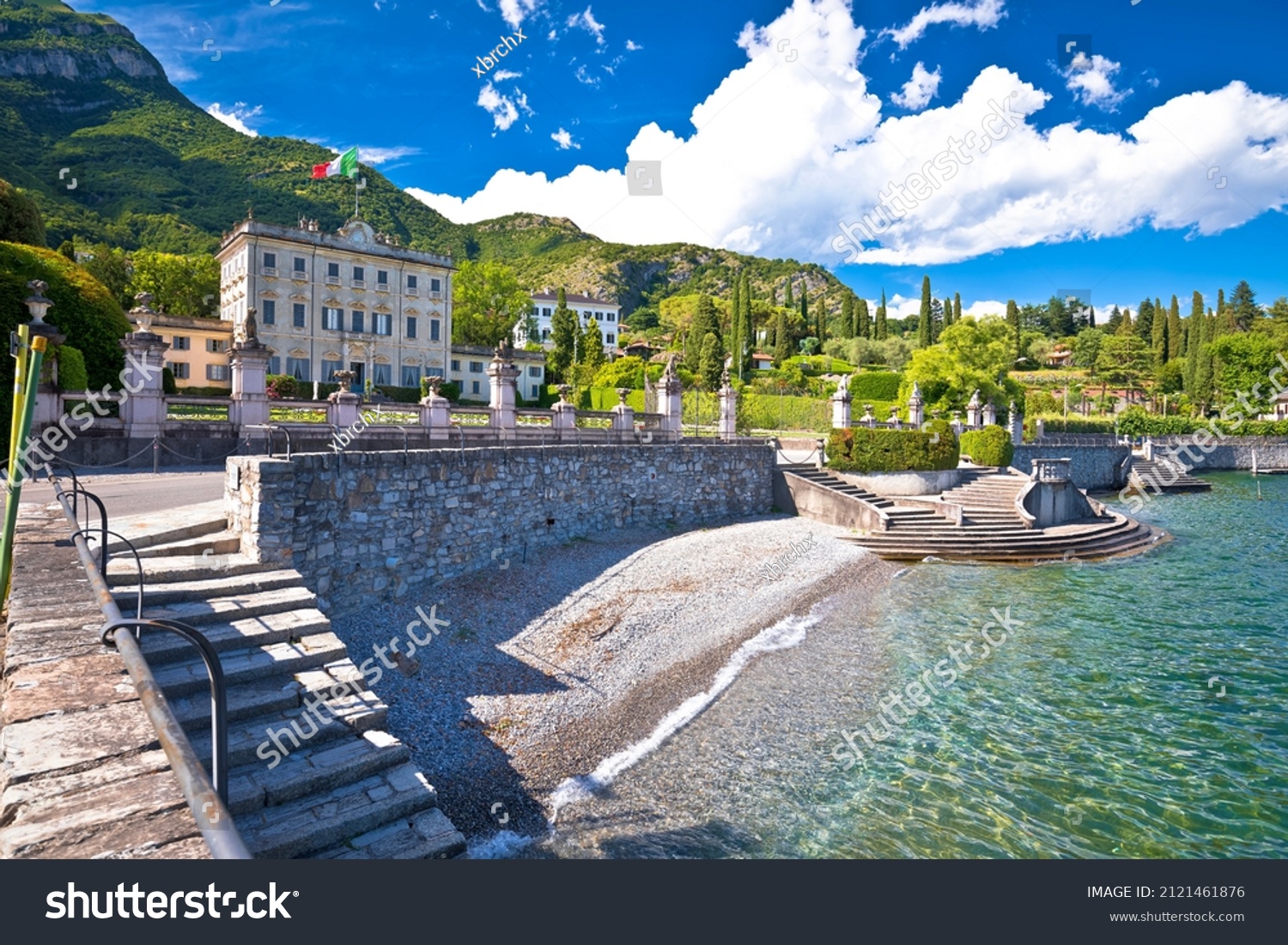 Como Lake. Idyllic beach and Villa Sola Cabiati in Tremezzo on Lake Como view, Lombardy region of Itally #2121461876