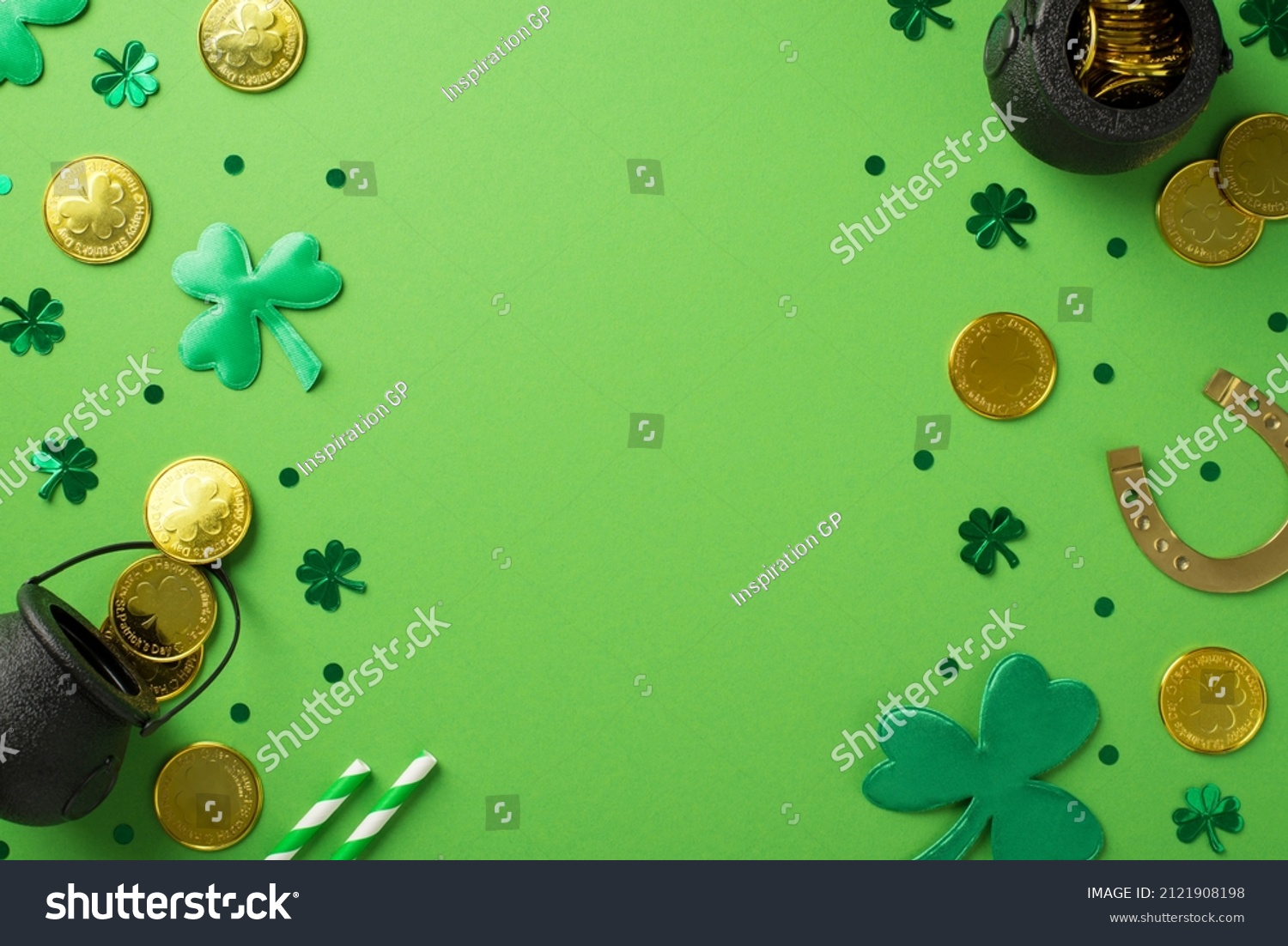Top view photo of st patrick's day decorations pots with gold coins green shamrocks horseshoe straws and trefoil shaped confetti on isolated pastel green background with copyspace #2121908198