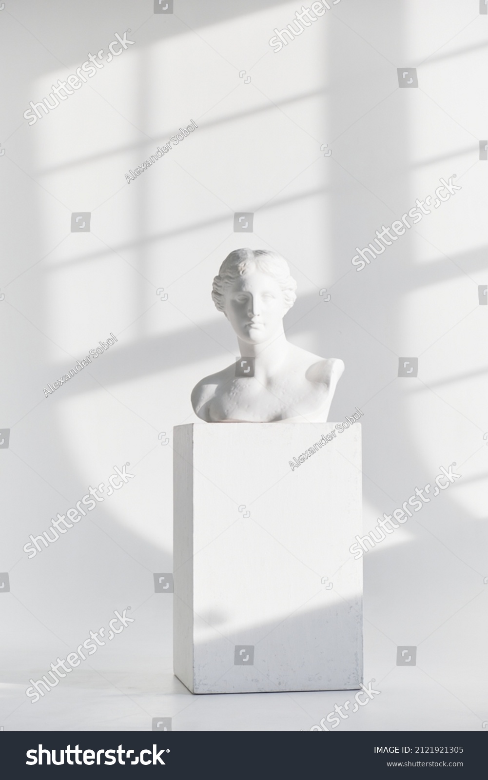 the plaster head of an antique girl stands on a pedestal on a white background #2121921305