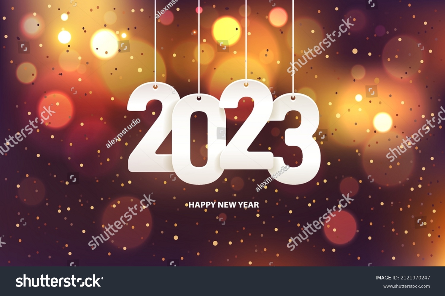 Happy new year 2023. Hanging white paper number with confetti on a colorful blurry background. #2121970247