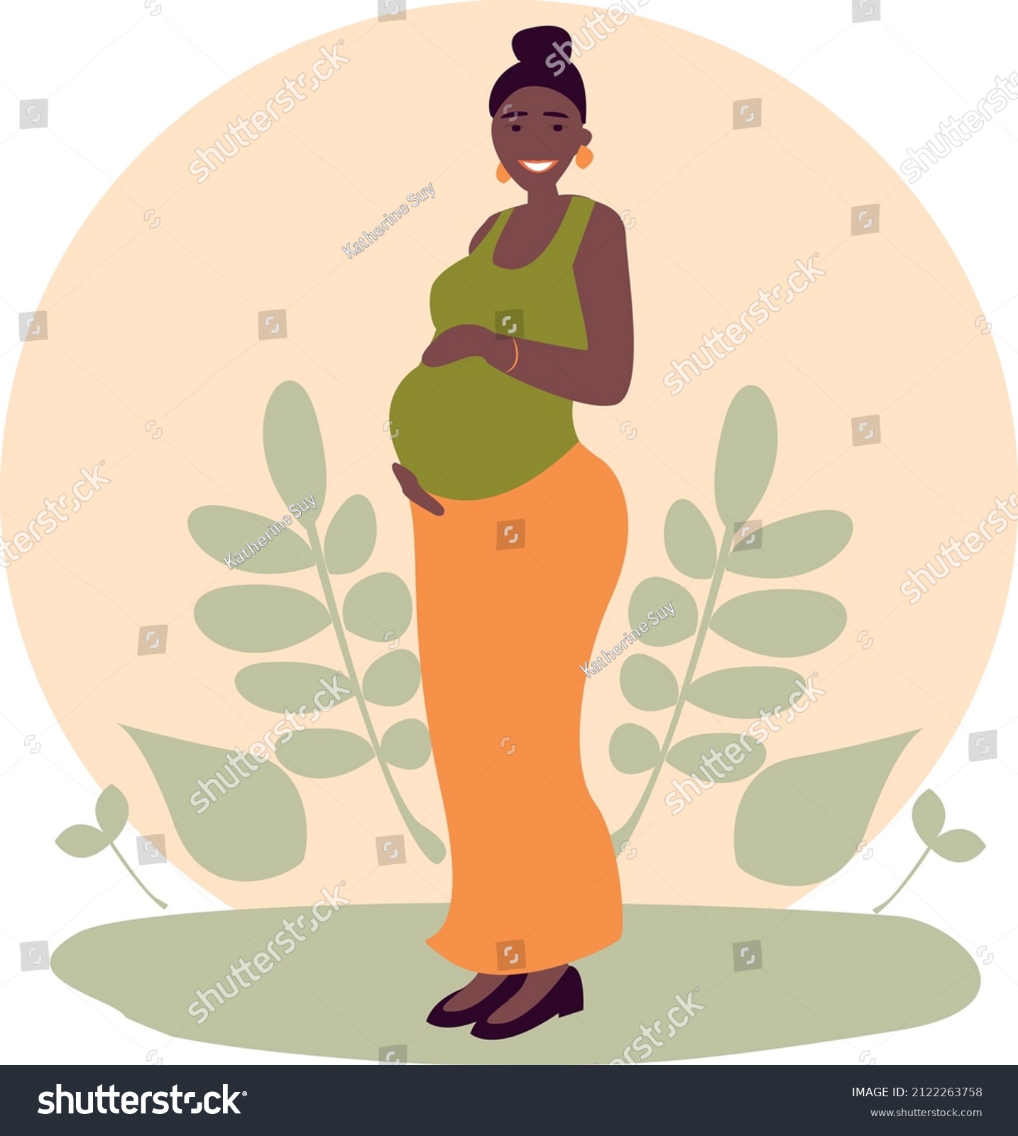 Happy Pregnant Holding Her Belly Black Woman Royalty Free Stock Vector 2122263758 9508