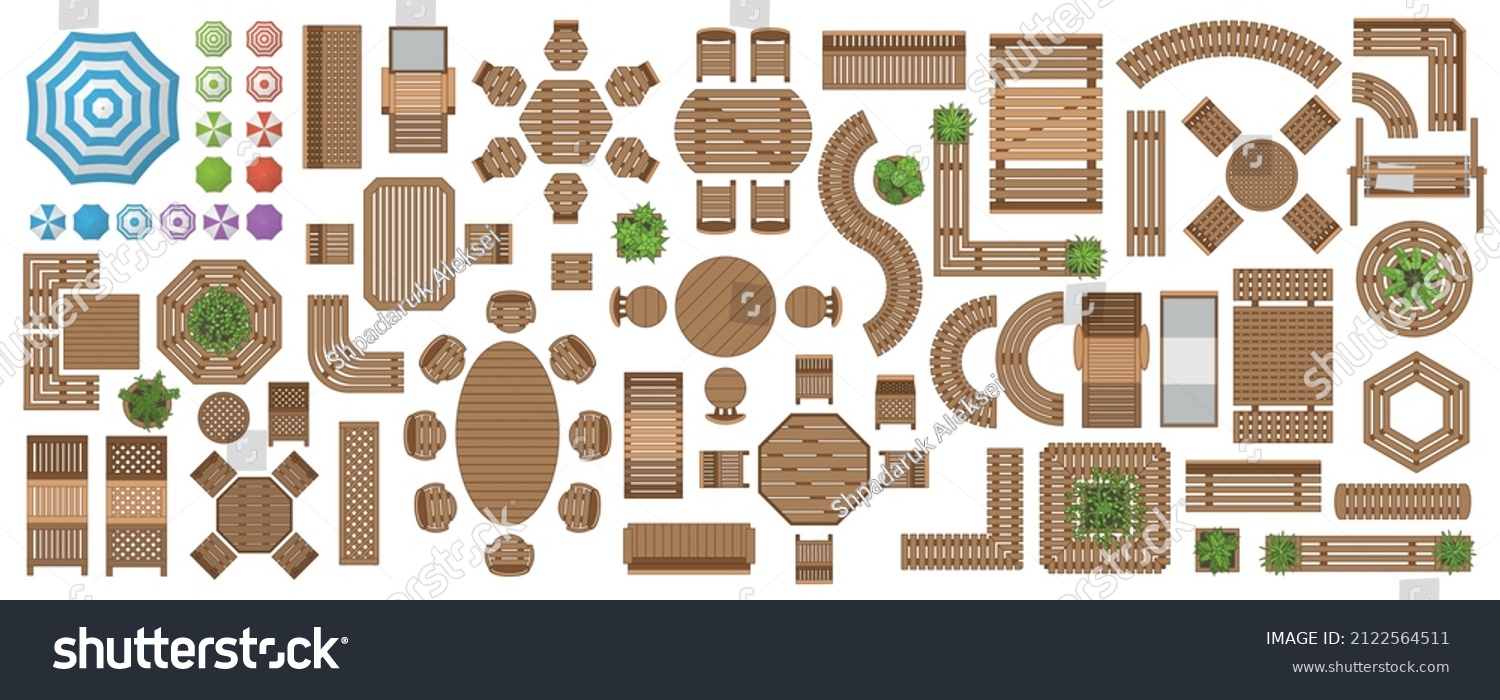Icons set. Wooden outdoor furniture  and patio items. (top view) Isolated Vector Illustration. Tables, benches, chairs, sunbeds, swings. (view from above).  #2122564511