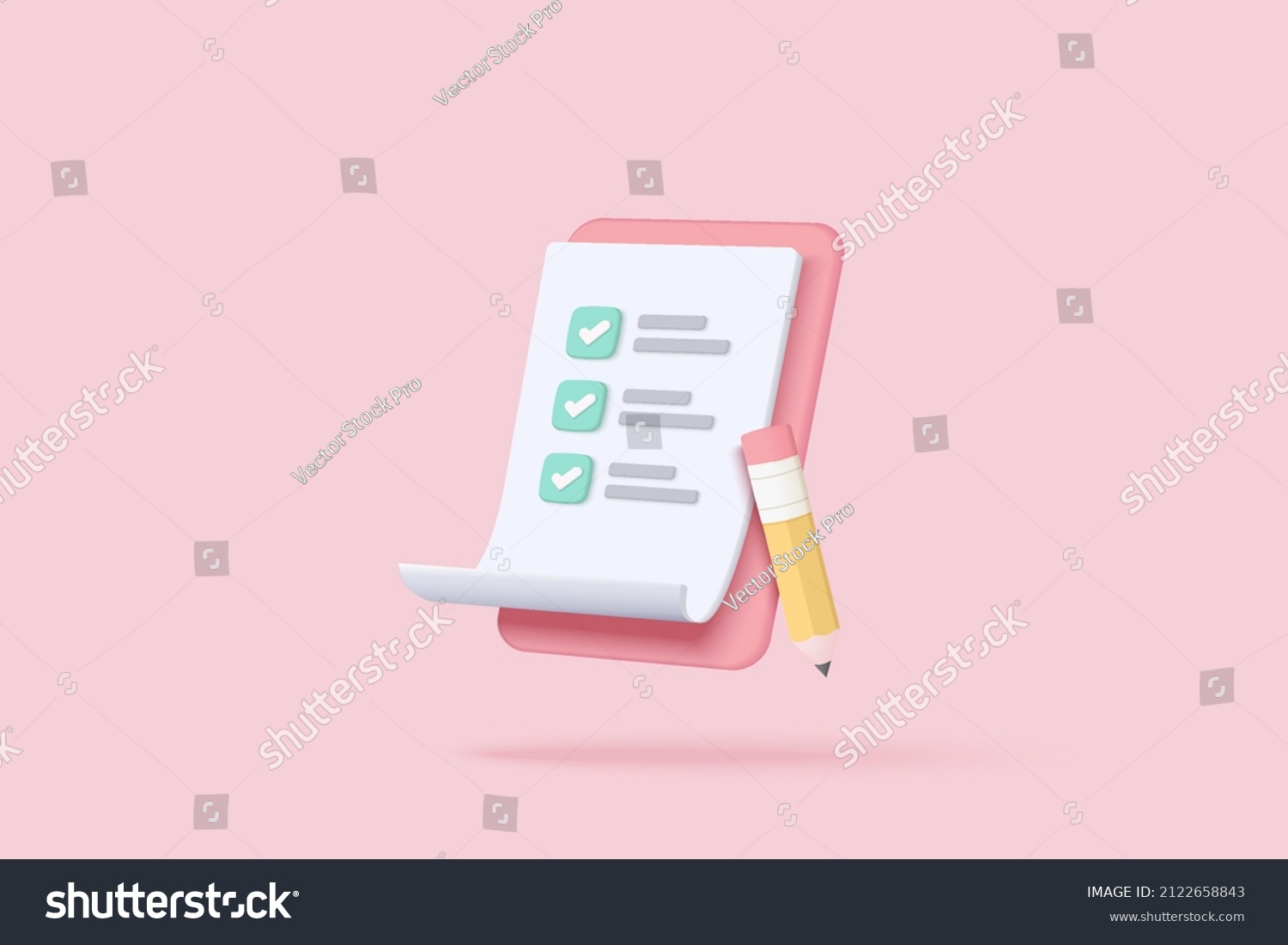 3d paper clipboard task management todo check list with pencil, fast work on project plan, fast progress, level up concept, 3d pencil note, exam paper checklist icon. 3d vector render pink background #2122658843