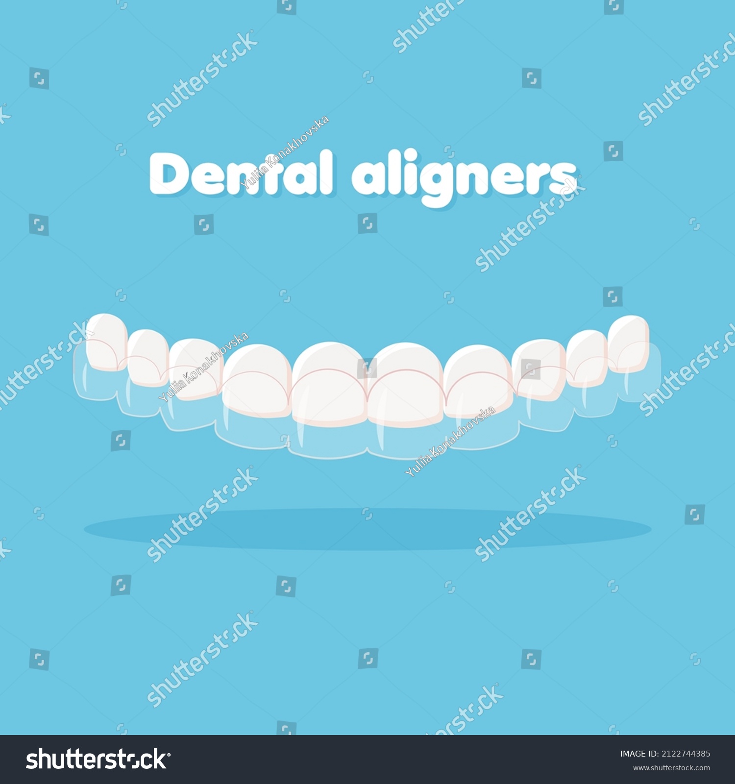 Mouth guard. Teeth with transparent braces. Alignment of teeth by aligners. Orthodontic dentistry concept. Dental care. Vector illustration isolated on blue background. #2122744385
