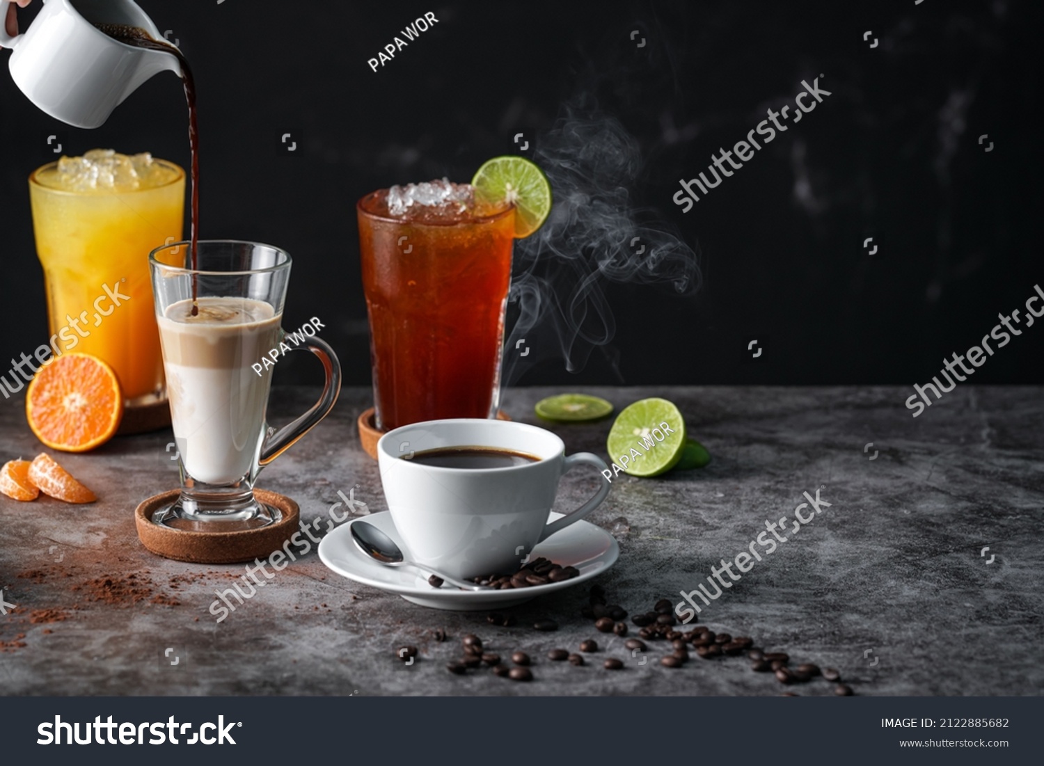 Latte, Americano, Orange juice, Lime tea served on dark background. #2122885682
