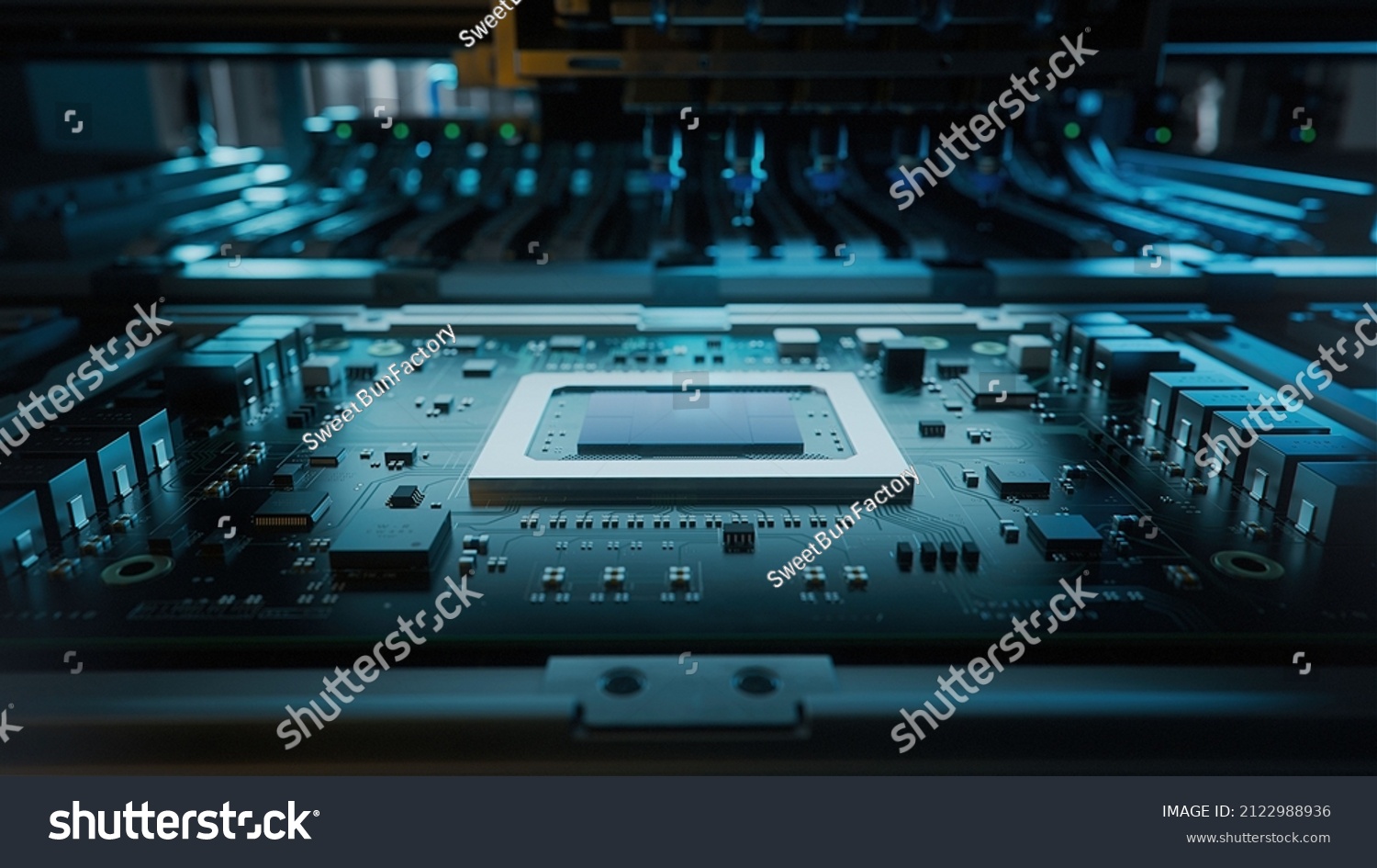 Shot of Generic Printed Circuit board with Microchips and other Components During Production Process. Electronics Manufacturing. Dark Environment #2122988936