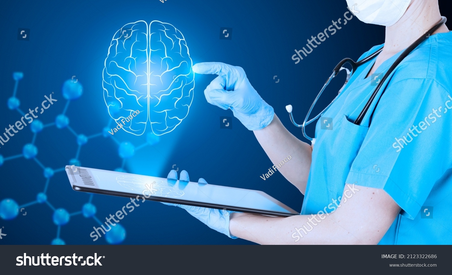 Doctor Neurologist in a medical uniform points his finger at the hologram of the brain in neon color. brain defects. dark blue background with DNA molecule. Medical poster. High quality photo #2123322686