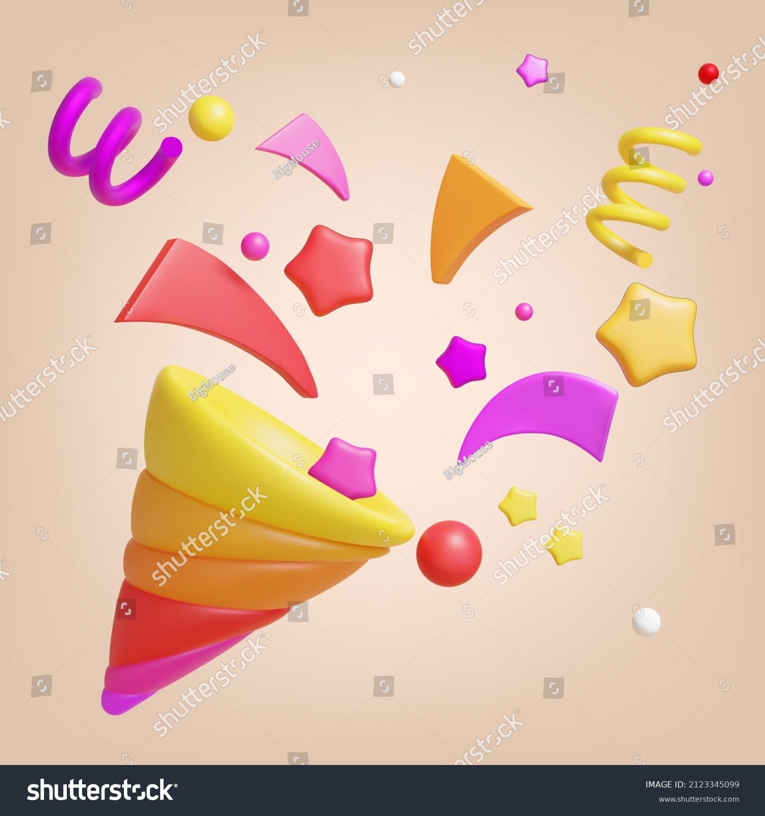 3d Party Popper with Confetti Plasticine Cartoon Style Symbol of Surprise. Vector illustration of Happy Birthday Cracker #2123345099