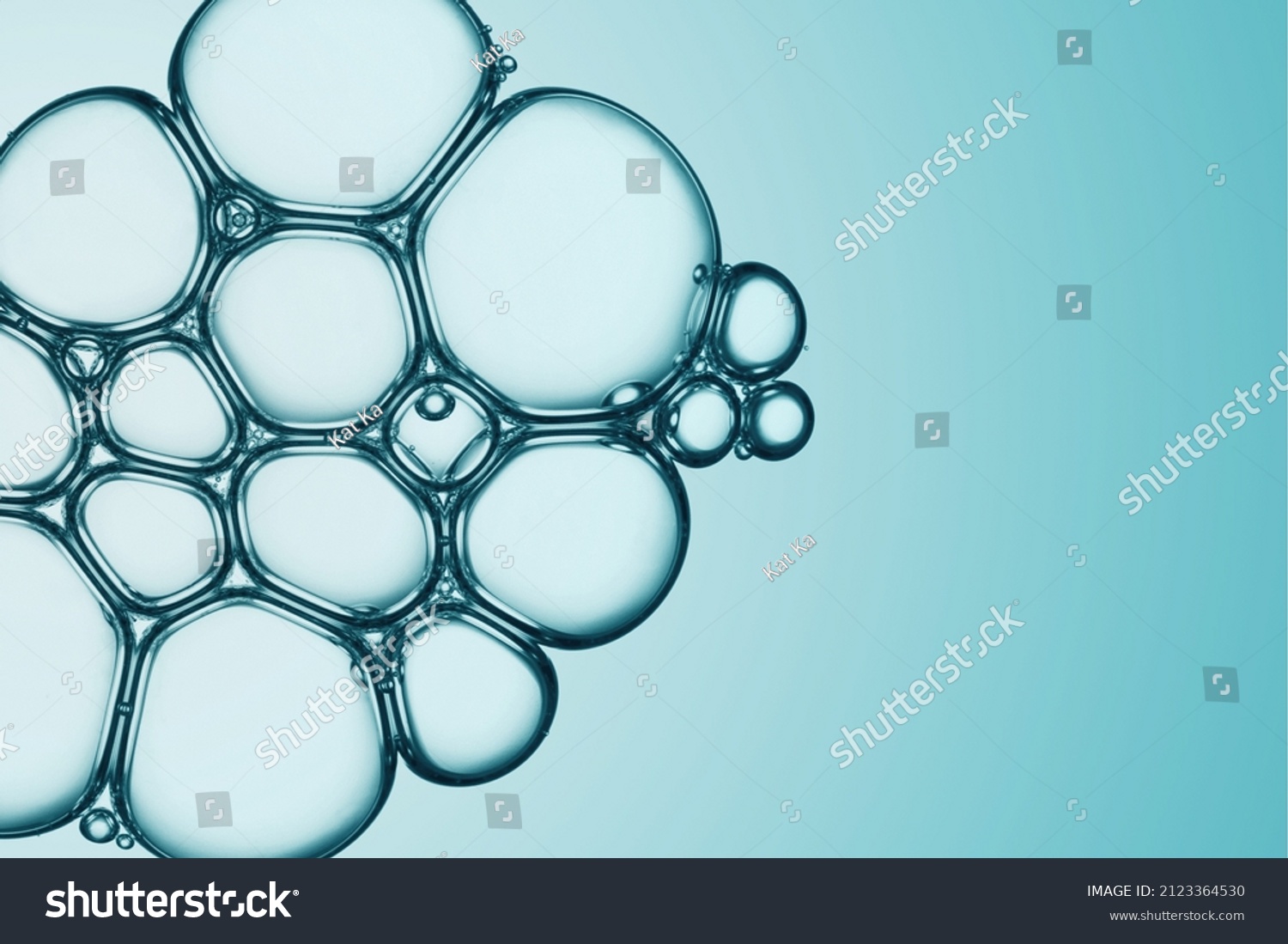 Cell, molecule concept. Soap bubbles group macro representing abstract cell structure microscope view. Blue science, chemistry background #2123364530