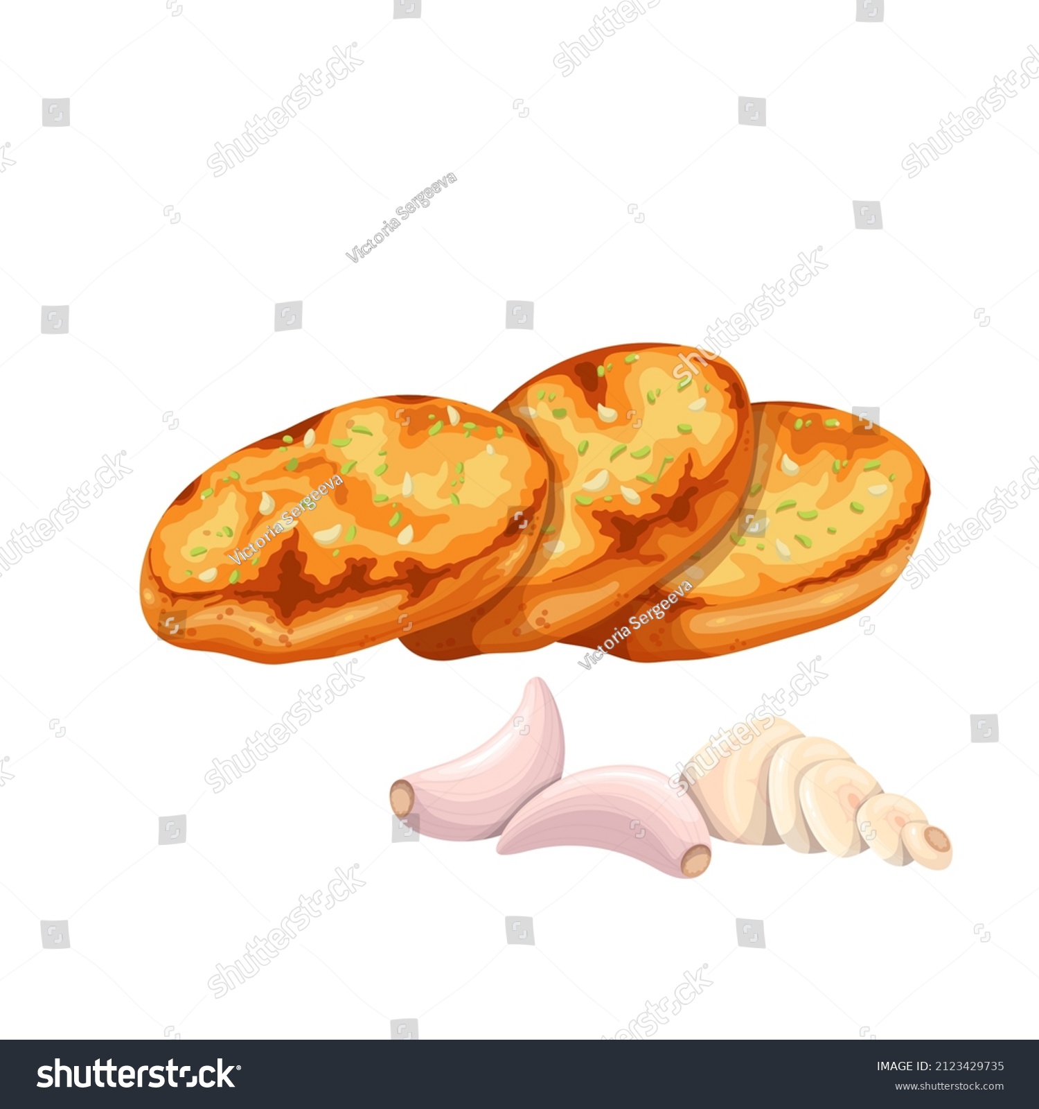 Crunchy garlic bread with garlic cloves. Vector illustration of fried french baguette #2123429735