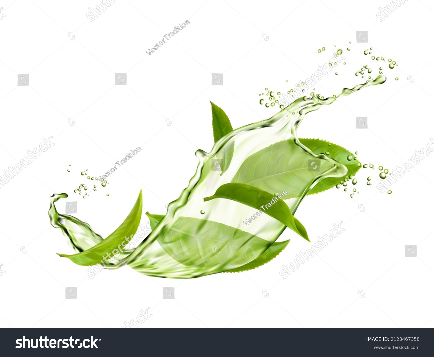 Herbal drink wave splash with green tea leaves and water flow. Vector organic beverage 3d advertising with realistic green leaves in aqua and splatters. Fresh plant, natural aroma tea splash #2123467358