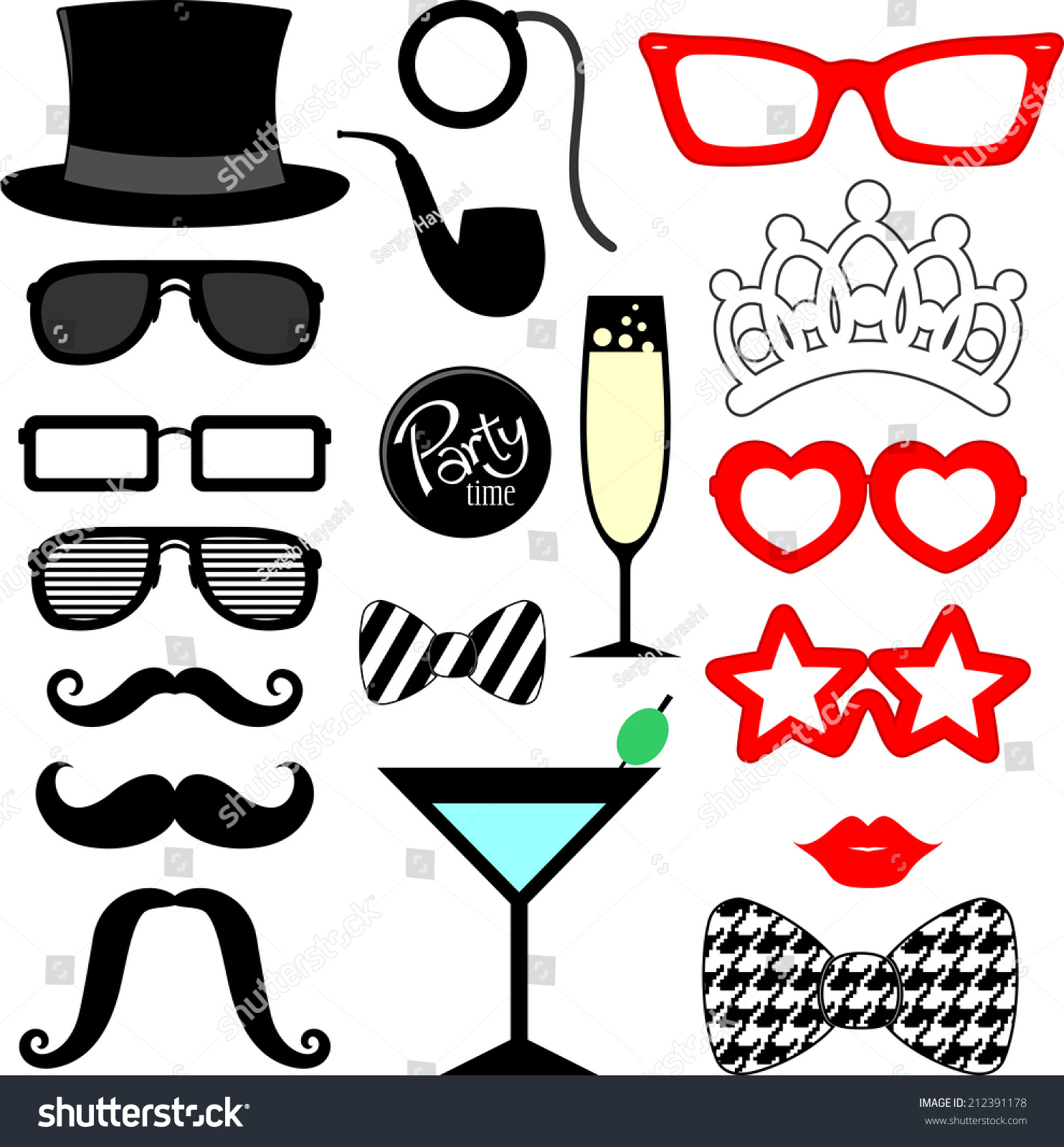 mustaches, lips, eyeglasses silhouettes and design elements for party props isolated on white background #212391178