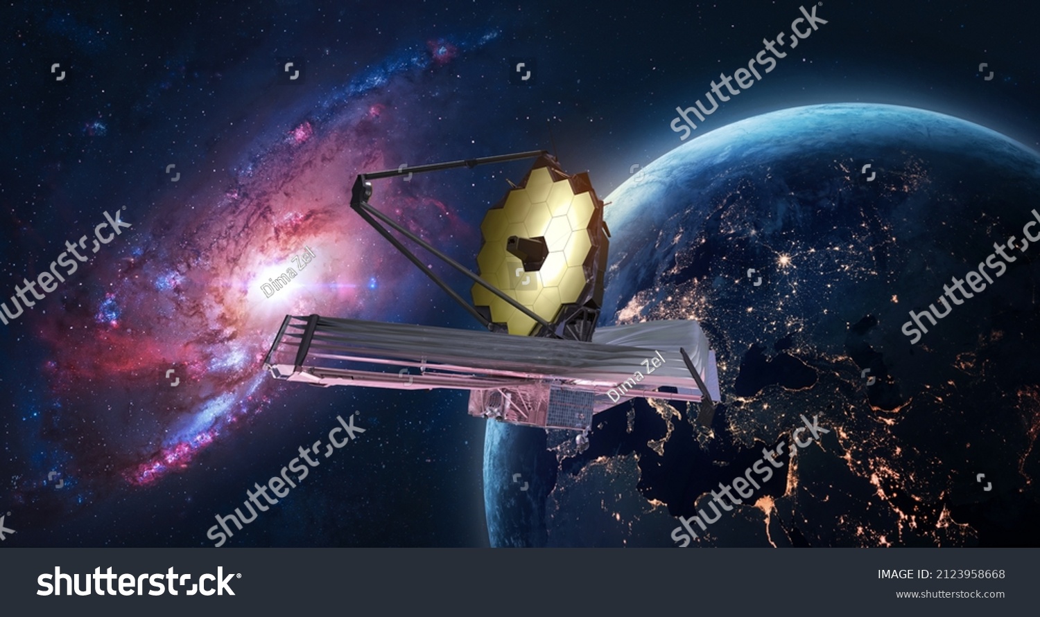 JWST in space near Earth. James Webb telescope far galaxies and planets explore. Sci-fi space collage. Astronomy science. Elements of this image furnished by NASA  #2123958668