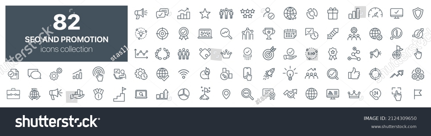 SEO and promotion line icons collection. Big UI icon set. Thin outline icons pack. Vector illustration eps10 #2124309650