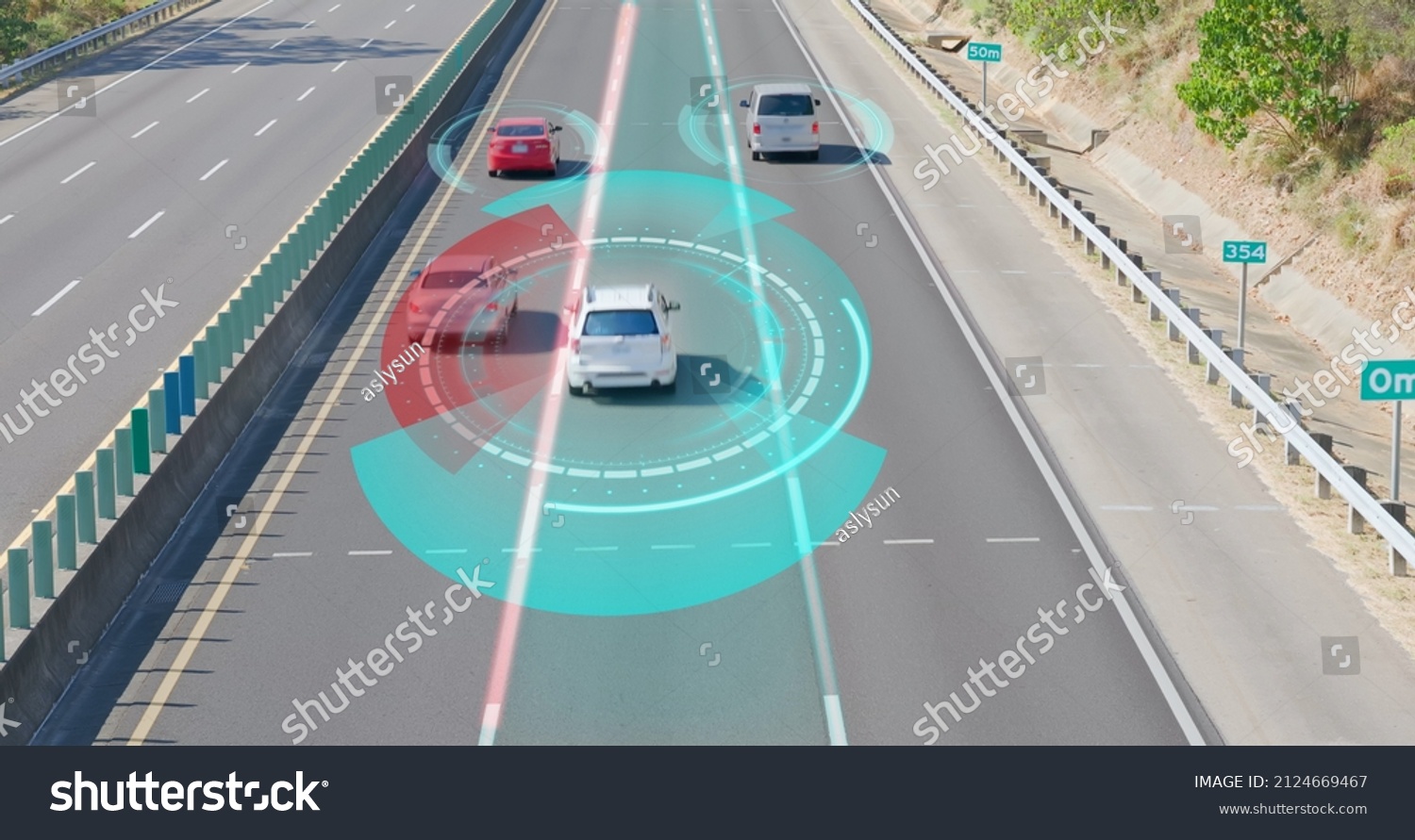 Autonomous Self Driving Car Moving Through highway - Animated Scanning Visualization Concept of Artificial Intelligence Digitalizes and Analyzes Road #2124669467