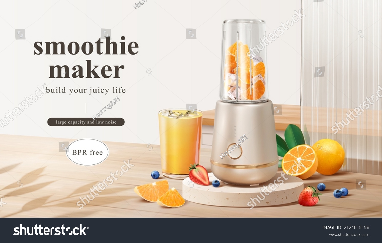 Smoothie maker ad template. Household appliance mock-up full of fresh sliced fruits and ice on wooden kitchen countertop. 3d illustration. #2124818198