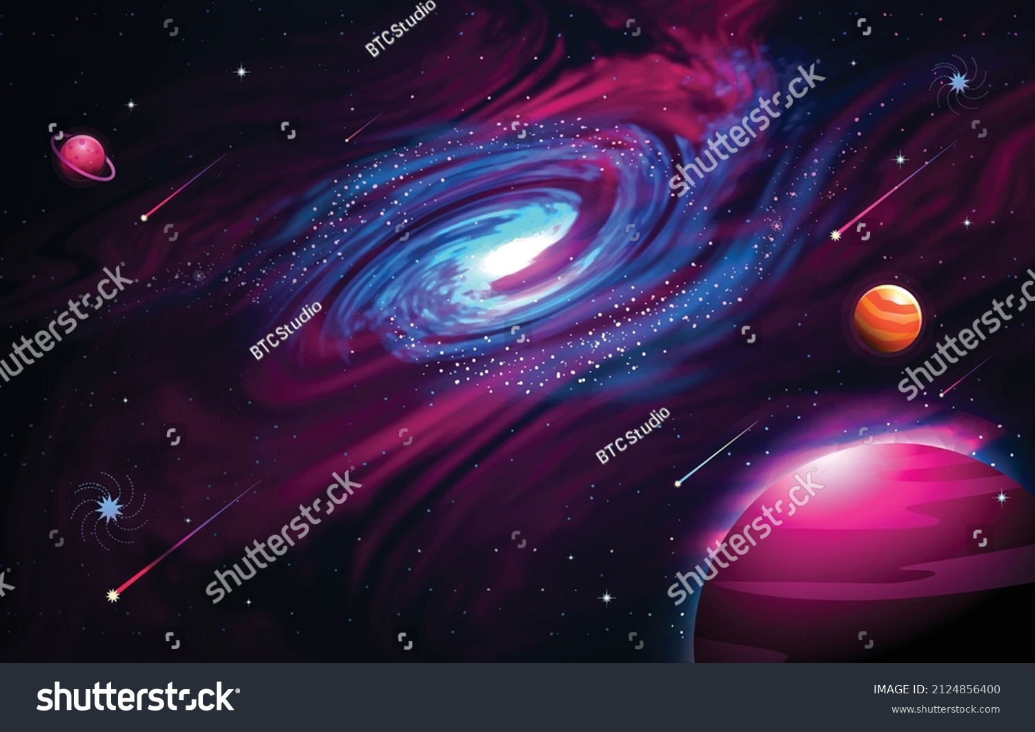 Space galaxy background with saturn planet and asteroids, cartoon universe texture. Vector starry futuristic surface with purple nebula, cosmos dust scenery. Deep purple sky with stars and planets #2124856400