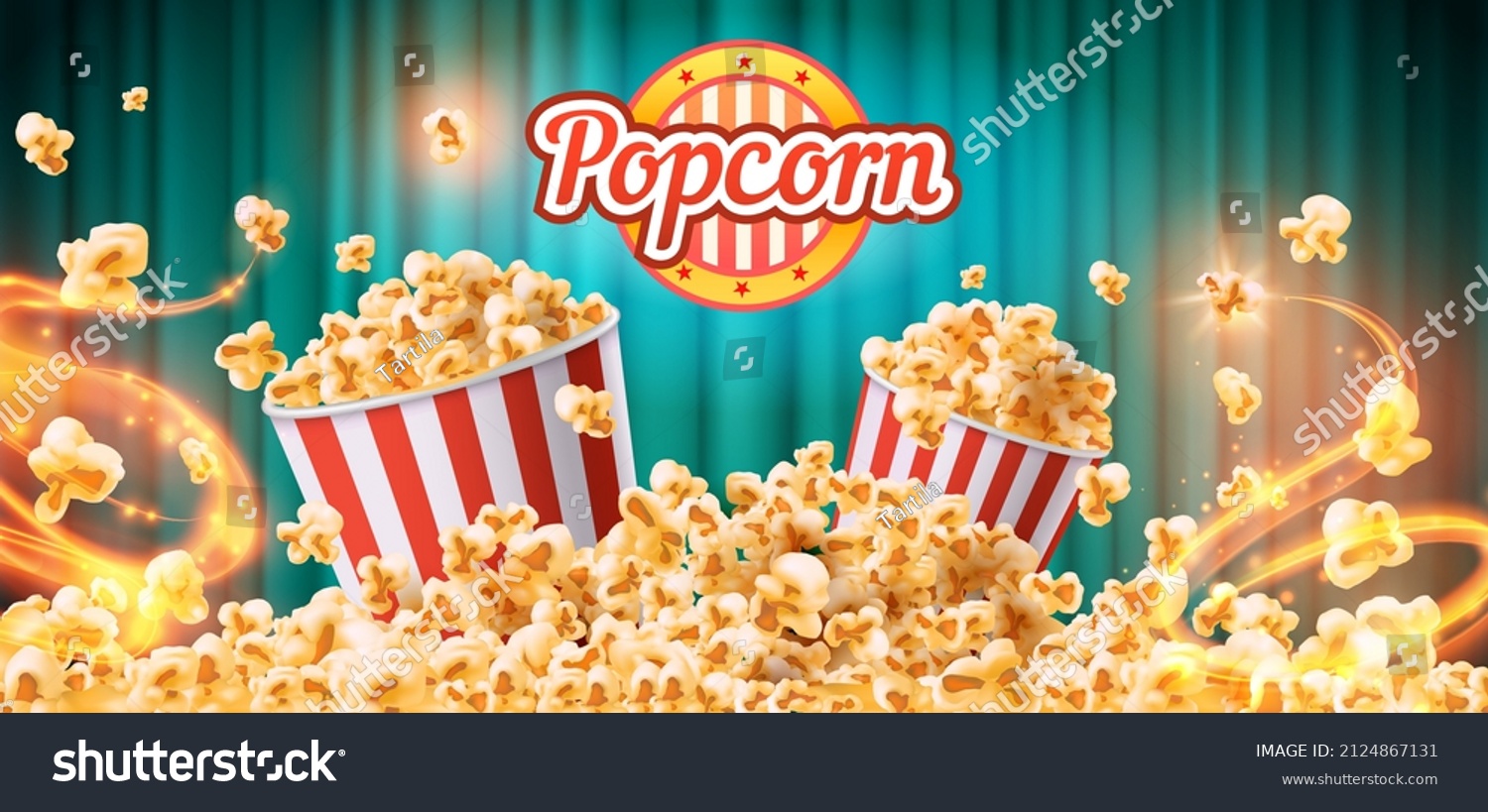 Crunchy popcorn snack ad poster with striped buckets and grains. Sweet or salt cinema food commercial. Flying tasty popcorn vector banner. Pop corn for cinema, delicious tasty snack illustration #2124867131