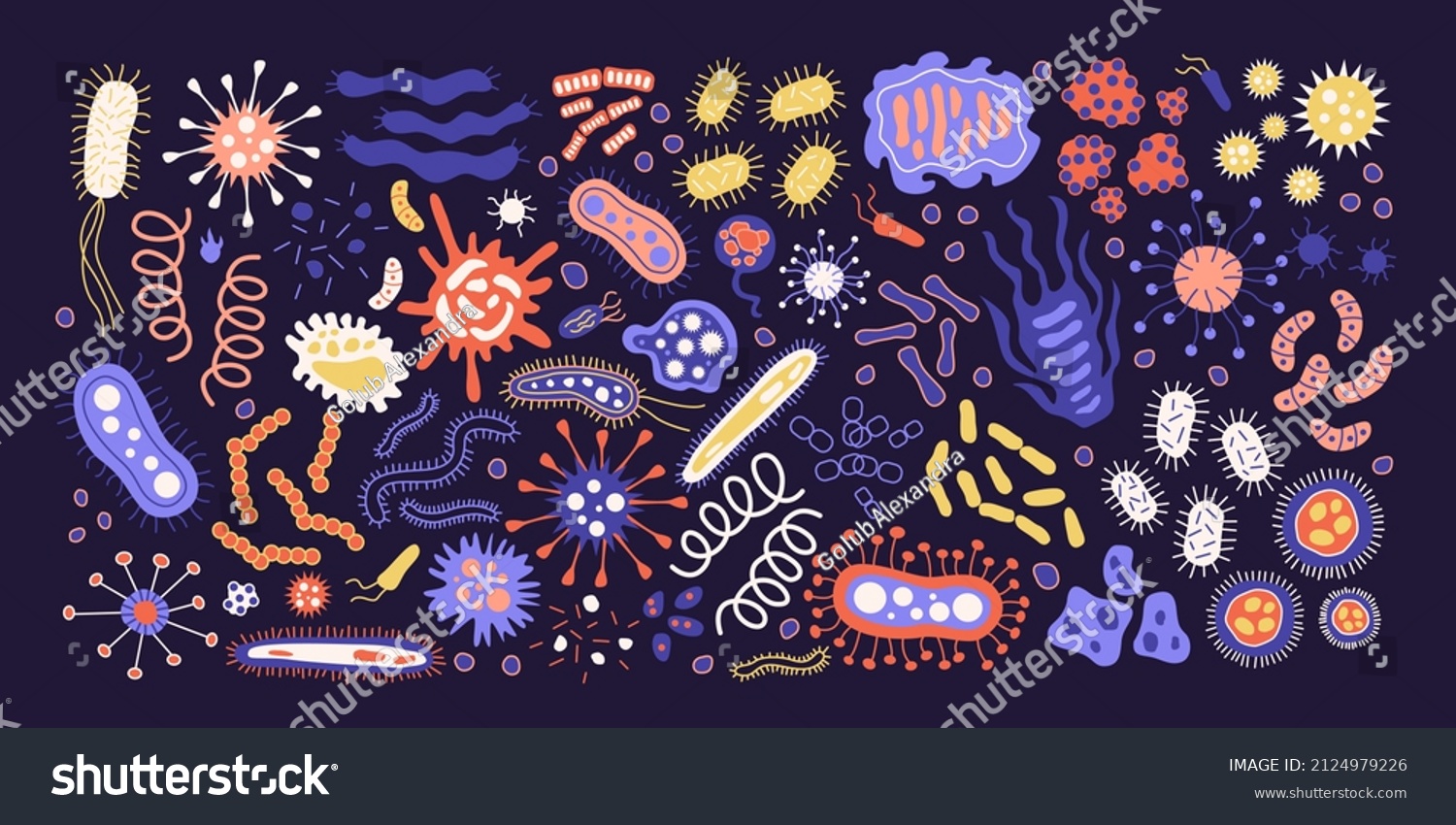 Set of different Bundle of infectious microorganisms isolated. Cartoon collection of infectious germs, protests, microbes. A bunch of diseases that cause bacteria, viruses. Isolated flat illustration. #2124979226
