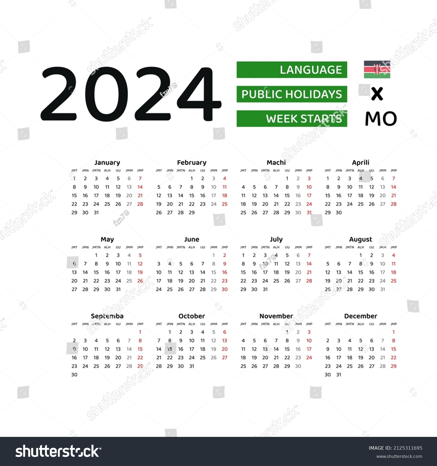 Kenya calendar 2024. Week starts from Monday. Royalty Free Stock Vector 2125311695
