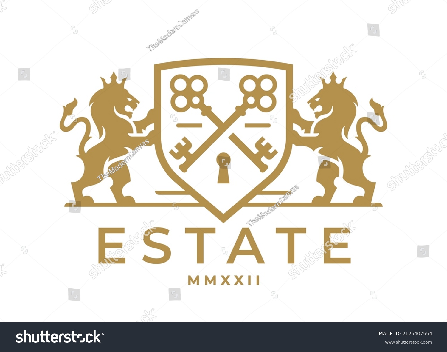 Luxury Lion key real estate logo. Elegant heraldic shield crest icon. Premium coat of arms symbol. Vintage royal heraldry brand identity emblem. Vector illustration. #2125407554
