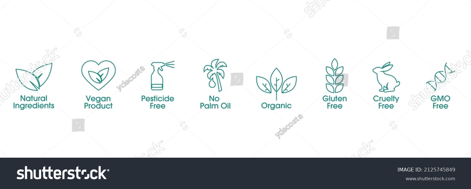 natural ingredients, vegan product, pesticides free, no palm oil, organic, gluten-free, cruelty-free, GMO-free icon set #2125745849