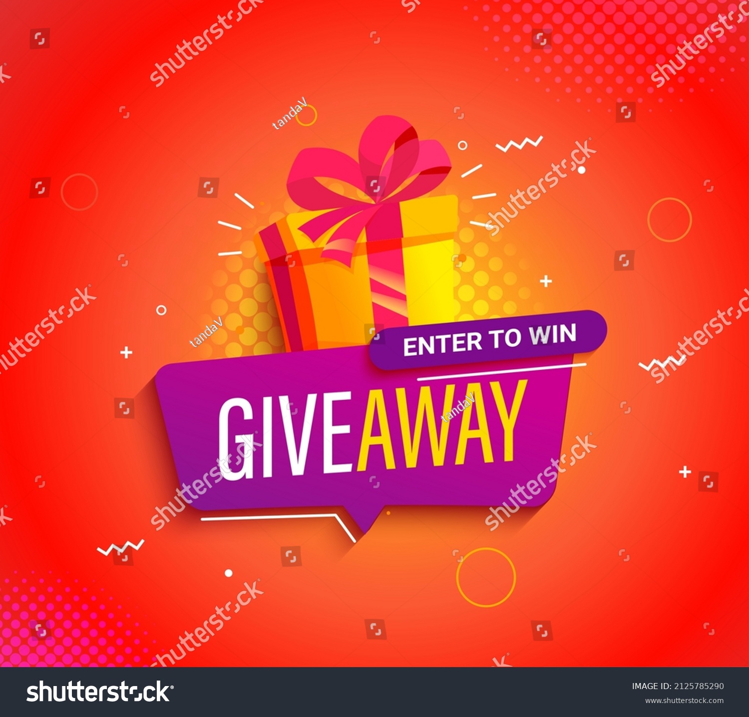 Giveaway bright banner,invitation to victory.Enter to win,welcome poster with gift box with prize to winner.Template design for social media posts,web.Offer reward in contest,vector illustration. #2125785290