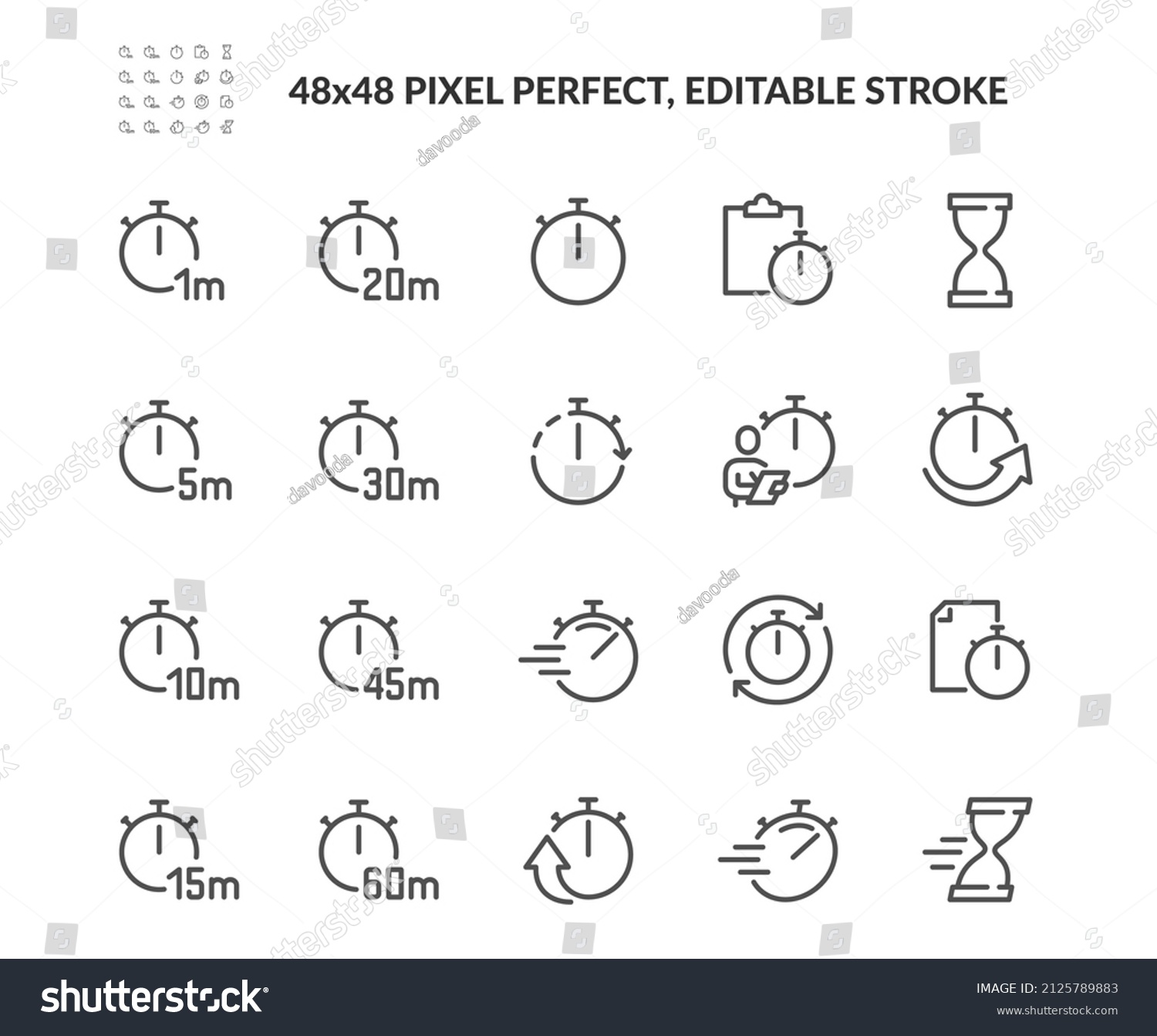 Simple Set of Timers Related Vector Line Icons. Contains such Icons as Task, Hourglass, Speed and more. Editable Stroke. 48x48 Pixel Perfect. #2125789883