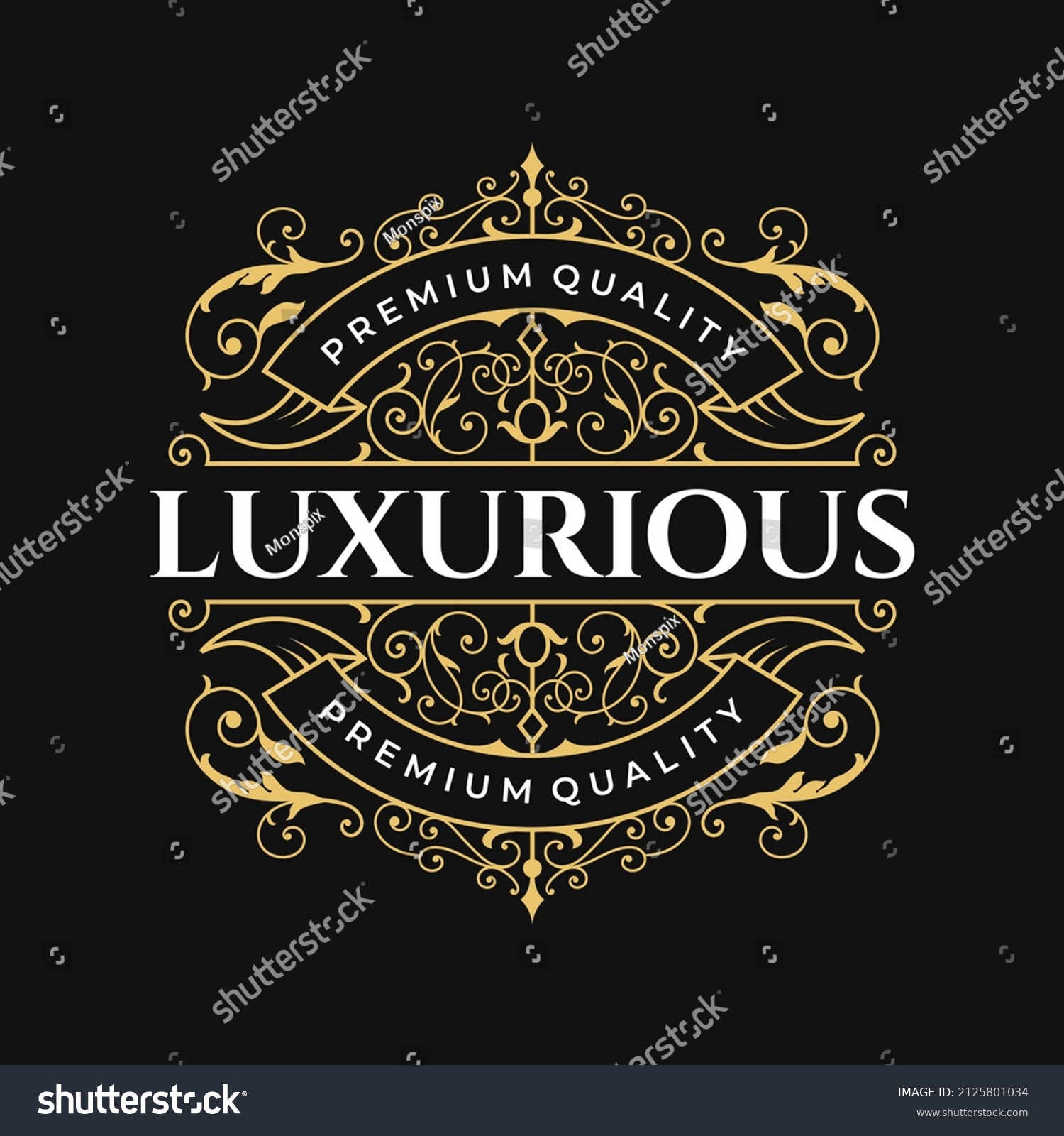 Vintage luxury ornamental logo with floral ornament. Flourishes frame. Antique label suitable for whiskey label, wine, beer, brewing, salon, shop, boutique, hotel, etc. #2125801034