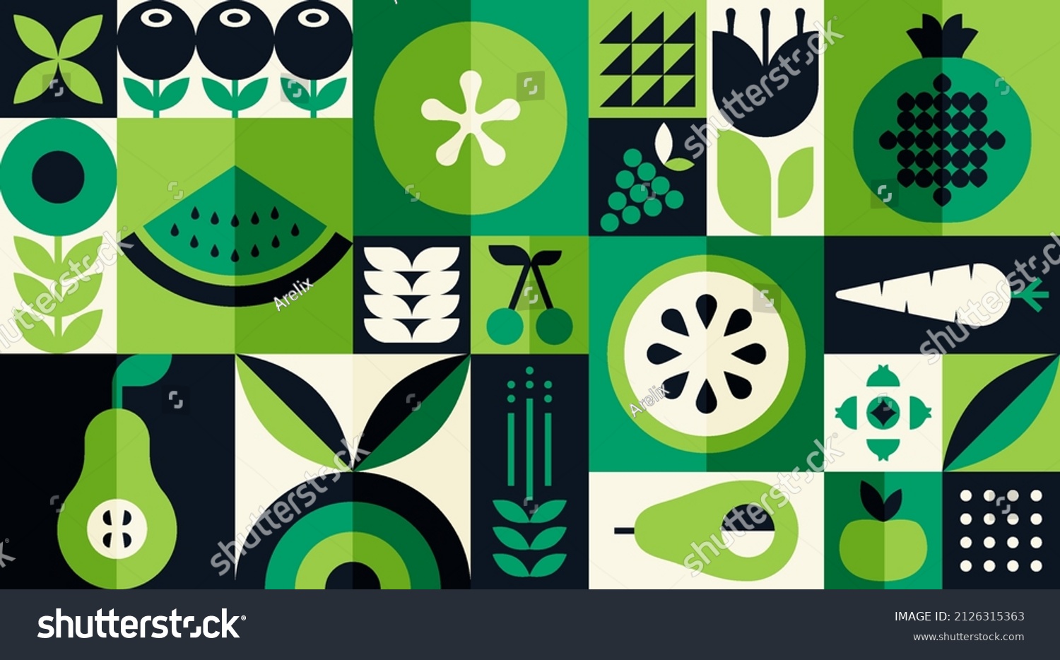 Organic fruit vegetable geometric pattern. Natural food background creative simple bauhaus style, agriculture vector design #2126315363