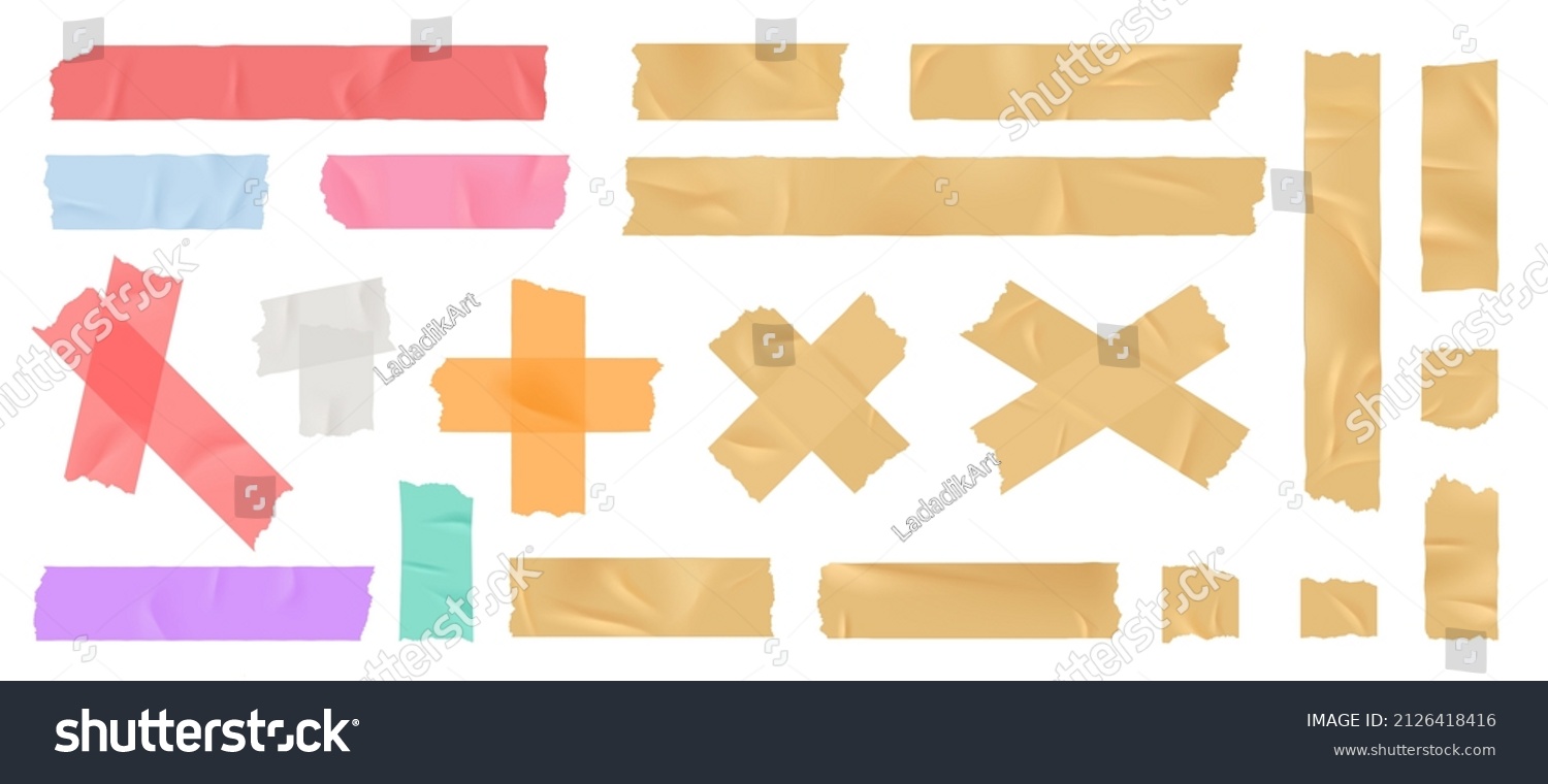 Scotch. Adhesive tape, color office glue paper stripes. Sticky bandage, different realistic tapes band. Torn elements, isolated decorative exact vector elements #2126418416