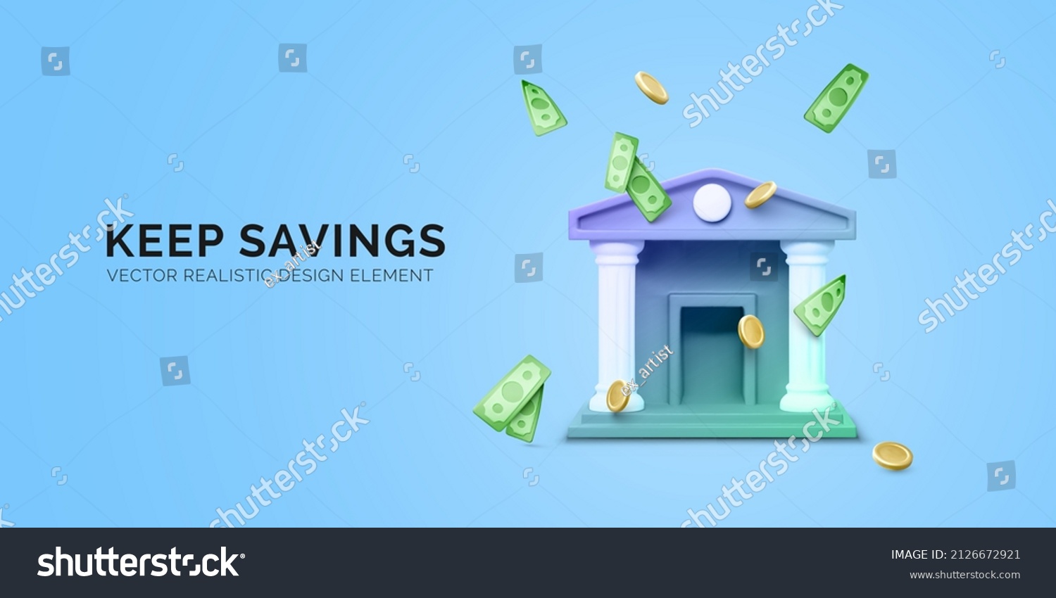 3d bank building and falling coins and paper currency. 3d realistic bank icon. Money transaction or savings concept. Vector illustration #2126672921