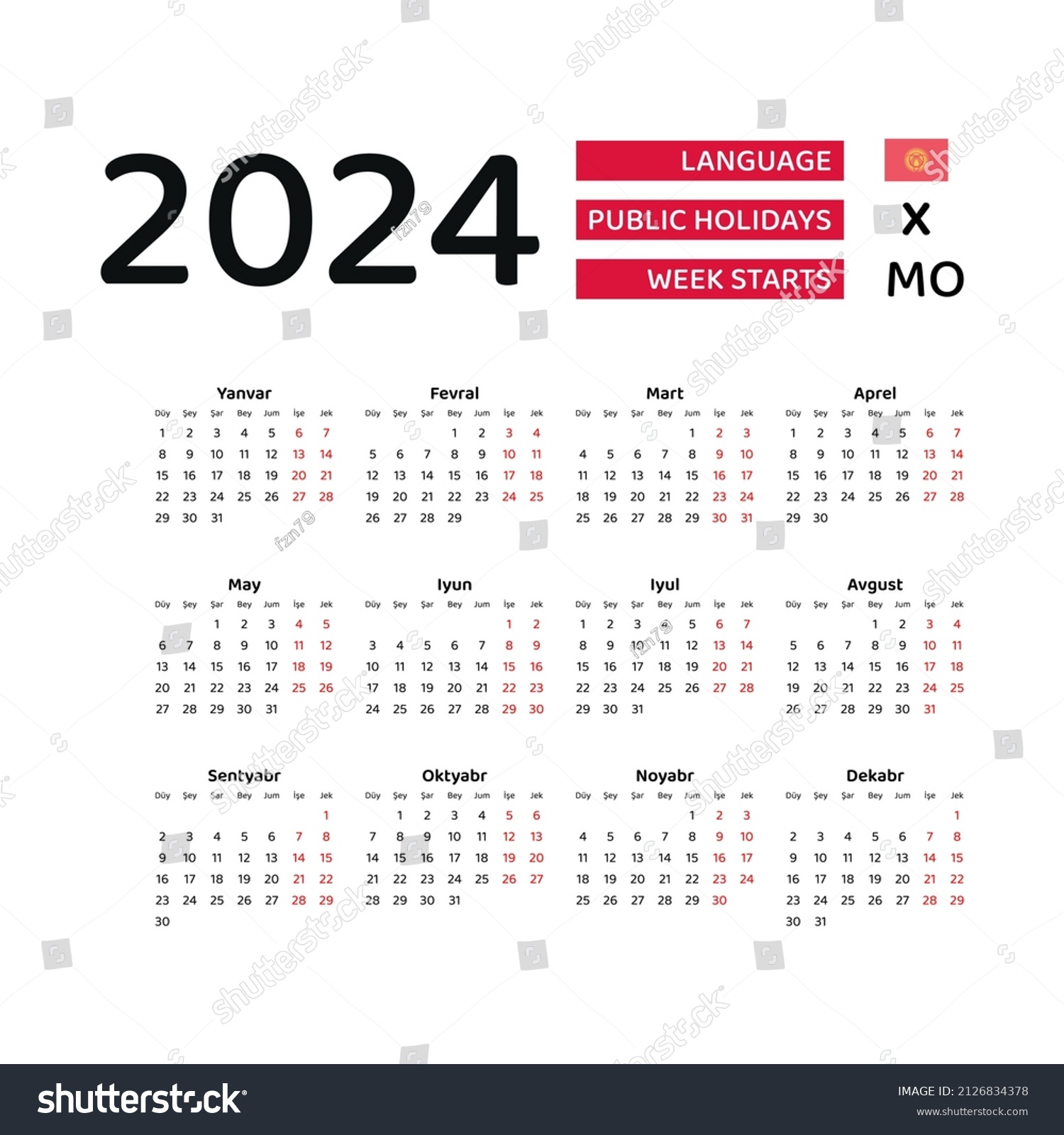 Kyrgyzstan calendar 2024. Week starts from Royalty Free Stock Vector