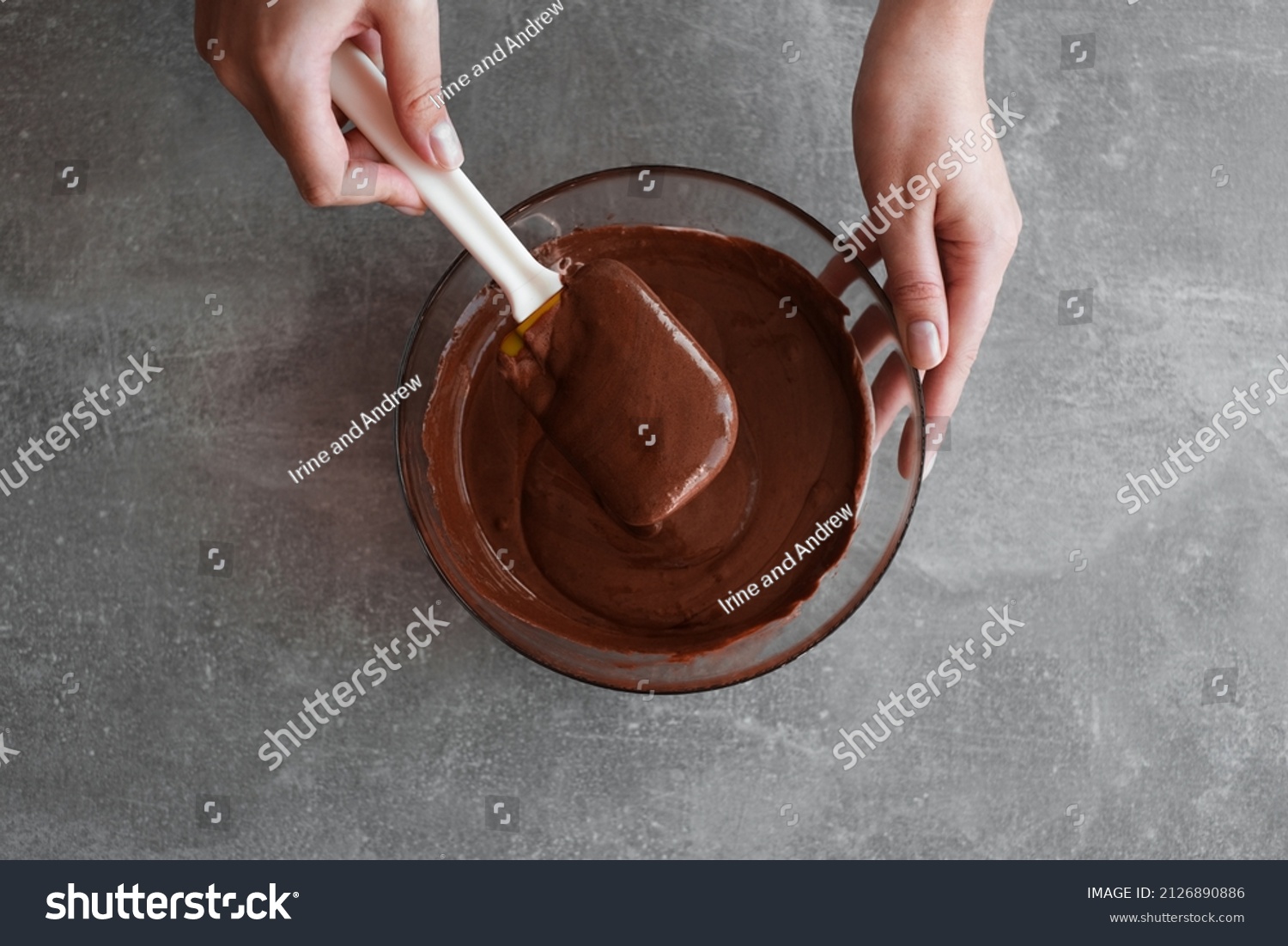 woman preparing chocolate mousse close-up top view #2126890886