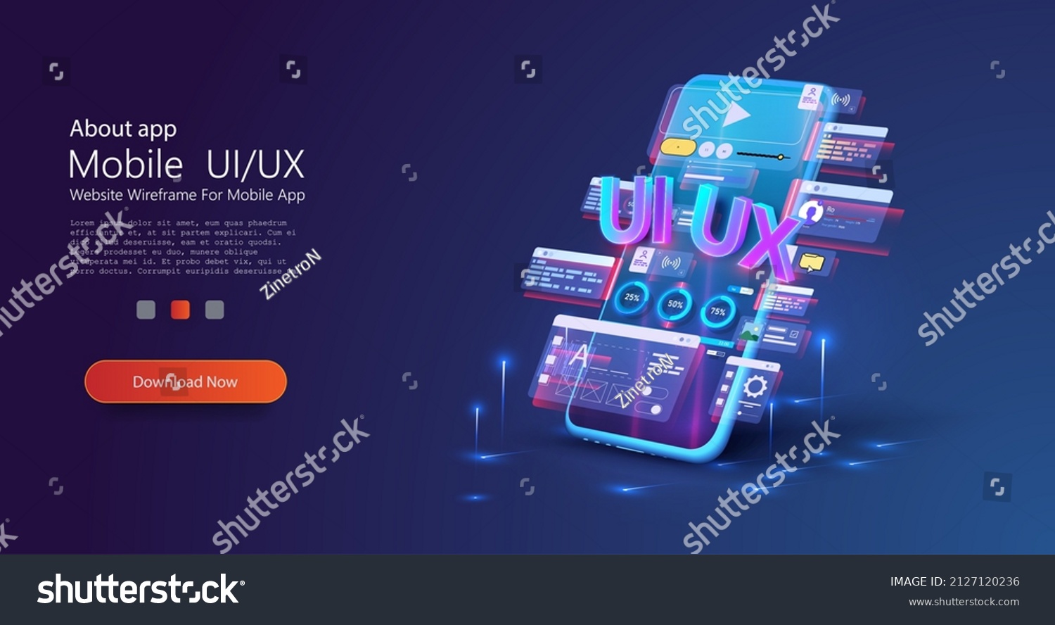 Designer, creator of an individual design of user interface scenes for a mobile UI,UX application. Blue neon design of mobile applications. Smartphone layout with active blocks and connections. Vector #2127120236