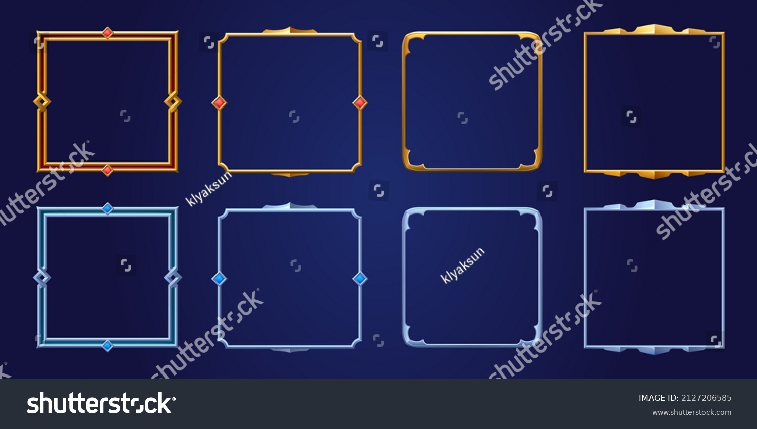 Set of square ui game frames, textured medieval borders of gold, silver or steel metal with gems. Cartoon empty metallic bordering with gemstones, isolated design gui elements, Vector illustration #2127206585