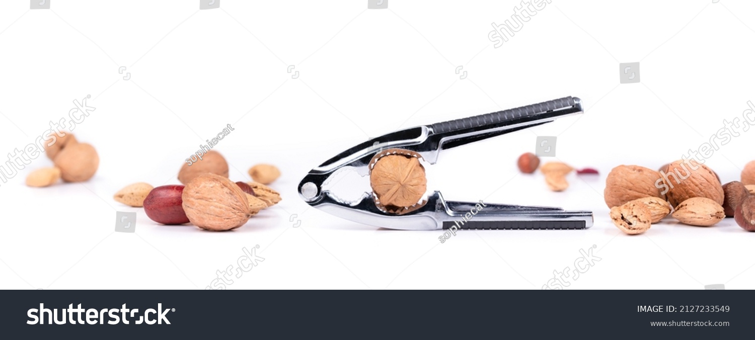 Nutcracker pliers with walnut and a variety of tree nuts arranged horizontal. Pile of unsalted walnuts, pecans, almonds and hazelnuts in shell. Healthy fat concept. Selective focus. Isolated on white #2127233549