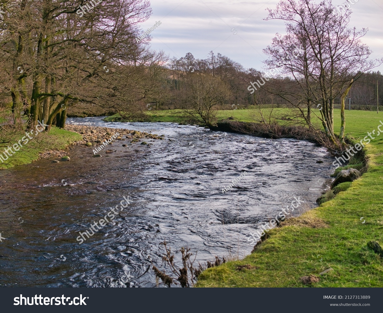 A meander in the River Dunsop near Dunsop Bridge in Lancashire, UK. On the left rock debris on the slip-off slope is visible while on the right, lateral erosion has formed a small river cliff. #2127313889