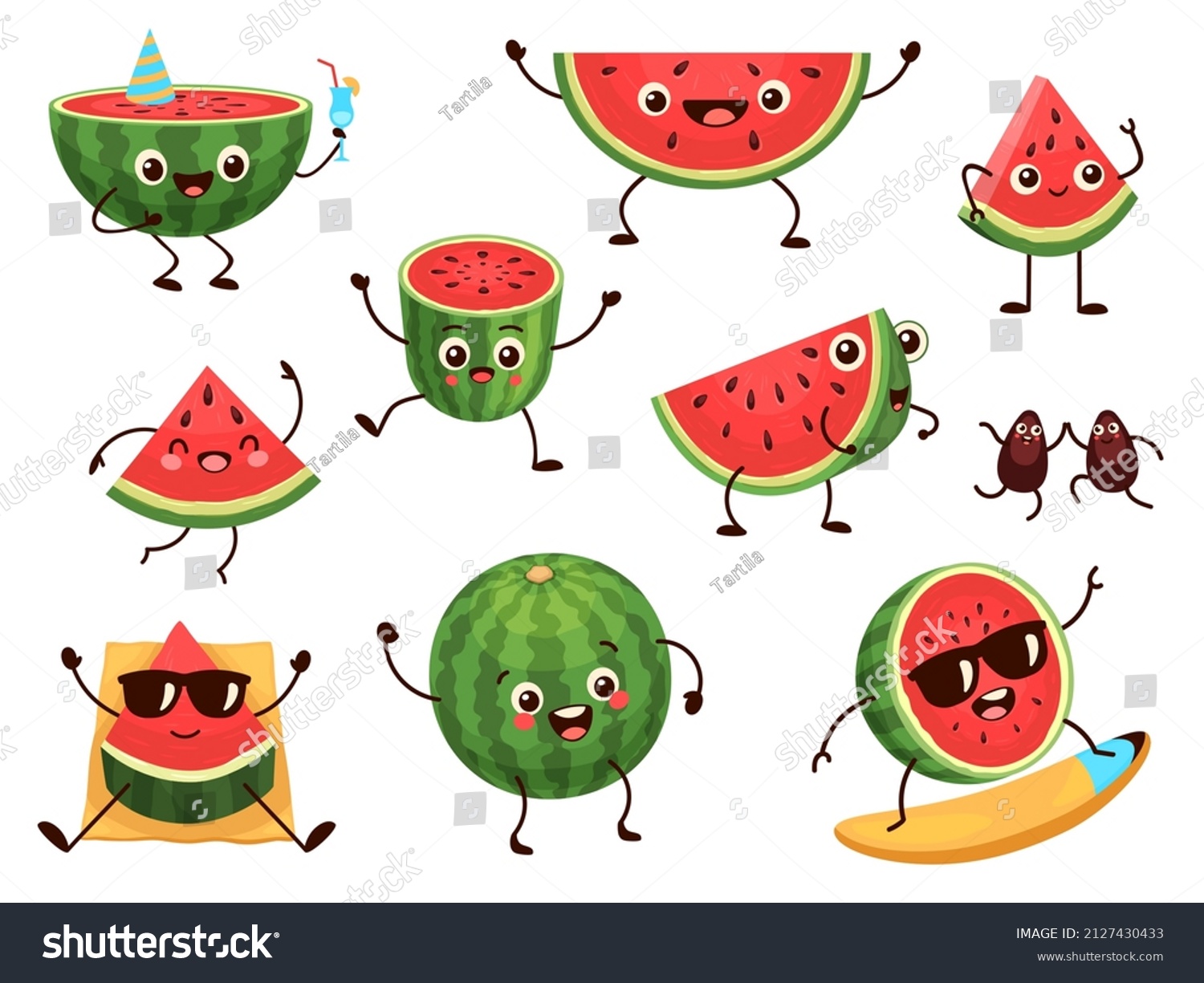 Funny watermelon slices characters with cartoon smile faces. Cute fruit in sunglasses surf. Summer time party. Comic watermelons vector set. Illustration of fruit watermelon, sweet and healthy #2127430433