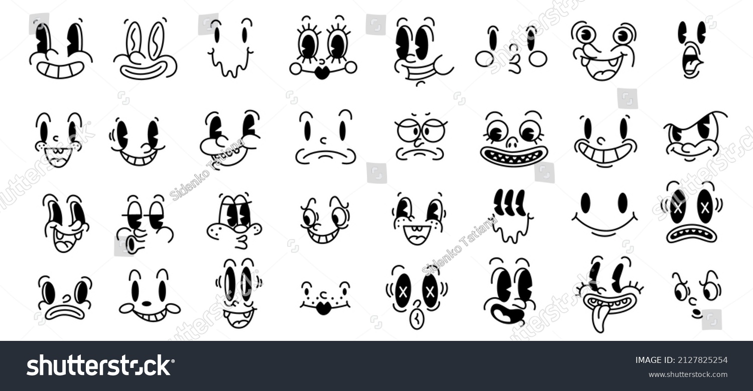 Retro 30s cartoon and comics characters faces. Traditional mascot emotions vector elements. Vintage characters creator fot trending illustration. #2127825254